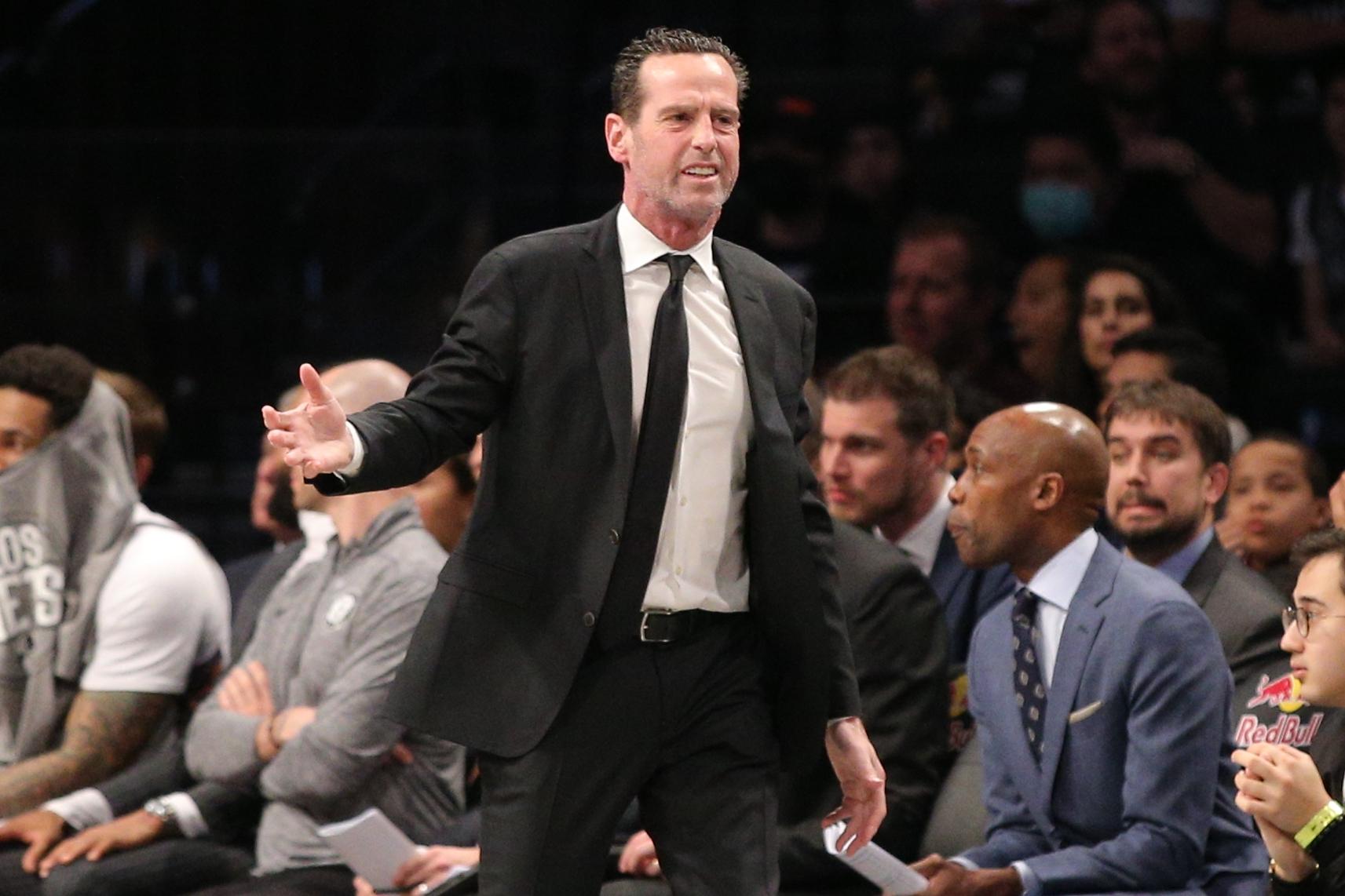 Mar 6, 2020; Brooklyn, New York, USA; Brooklyn Nets head coach Kenny Atkinson reacts during the second quarter against the San Antonio Spurs at Barclays Center. Mandatory Credit: Brad Penner-USA TODAY Sports