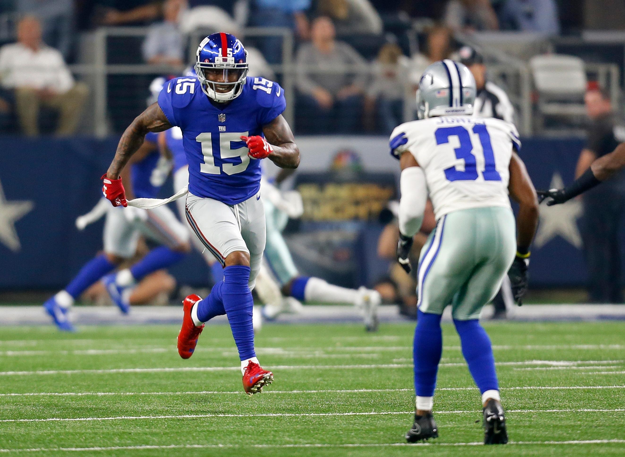 New York Giants wide receiver Brandon Marshall (15) runs a route as Dallas Cowboys safety Byron Jones (31) defends during an NFL football game, Sunday, Sept. 10, 2017, in Arlington, Texas. (AP Photo/Roger Steinman)