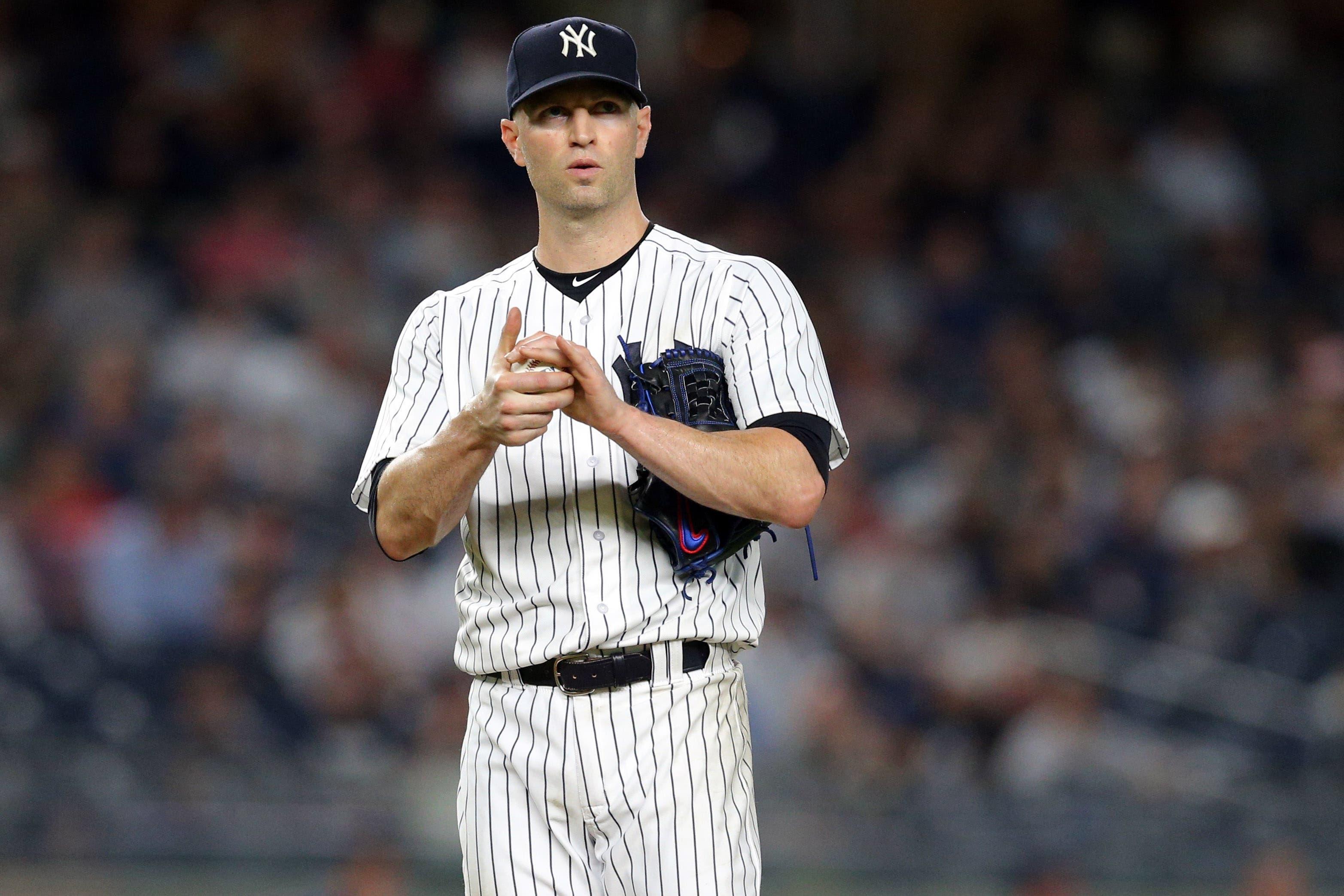 Sep 18, 2018; Bronx, NY, USA; New York Yankees starting pitcher J.A. Happ (34) reacts during the third inning against the Boston Red Sox at Yankee Stadium. Mandatory Credit: Brad Penner-USA TODAY Sports / Brad Penner