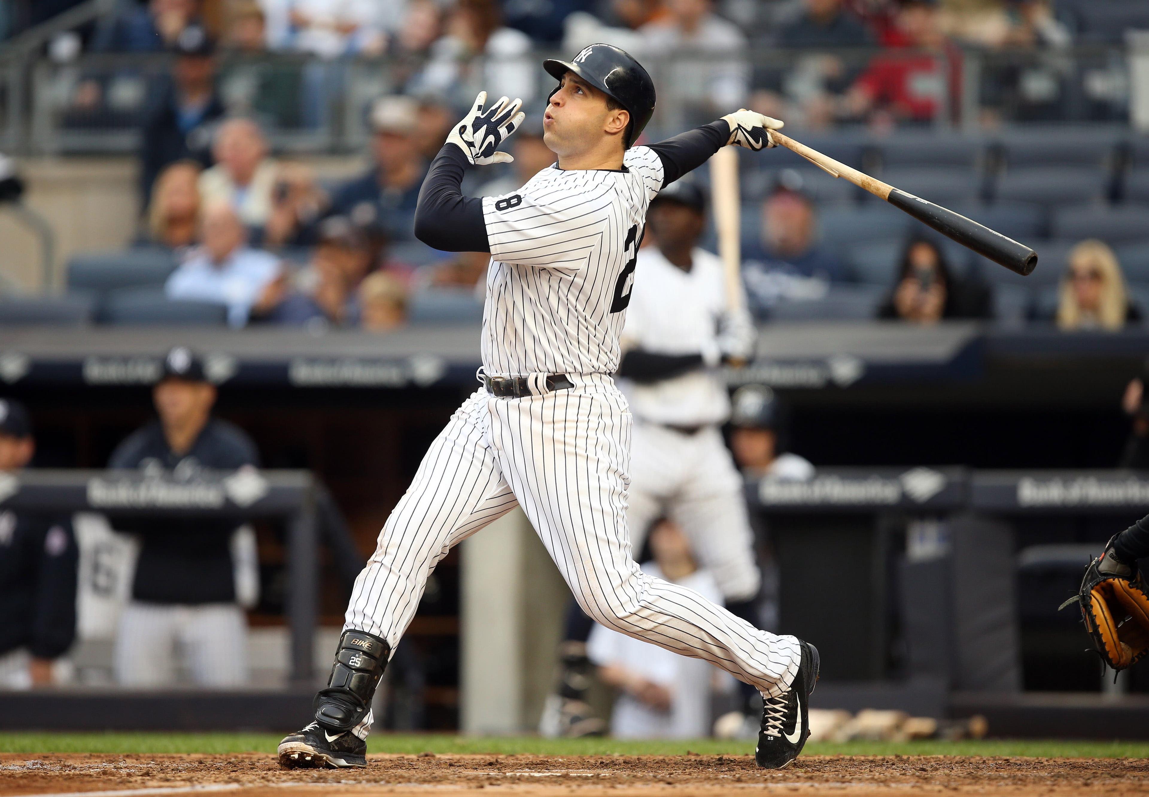 Oct 2, 2016; Bronx, NY, USA; New York Yankees first baseman Mark Teixeira (25) takes a swing in the final at-bat of his Major League career at Yankee Stadium against the Baltimore Orioles. Mandatory Credit: Danny Wild-USA TODAY Sports / Danny Wild