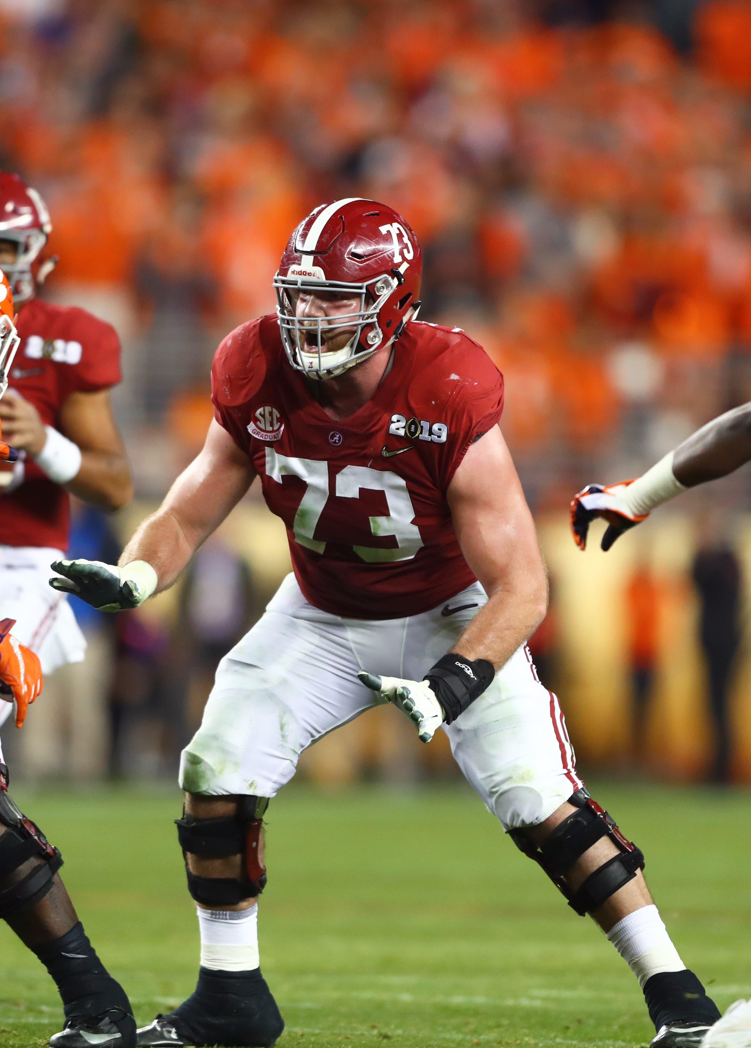 Jan 7, 2019; Santa Clara, CA, USA; Alabama Crimson Tide offensive lineman Jonah Williams (73) against the Clemson Tigers during the 2019 College Football Playoff Championship game at Levi's Stadium. Mandatory Credit: Mark J. Rebilas-USA TODAY Sports / Mark J. Rebilas