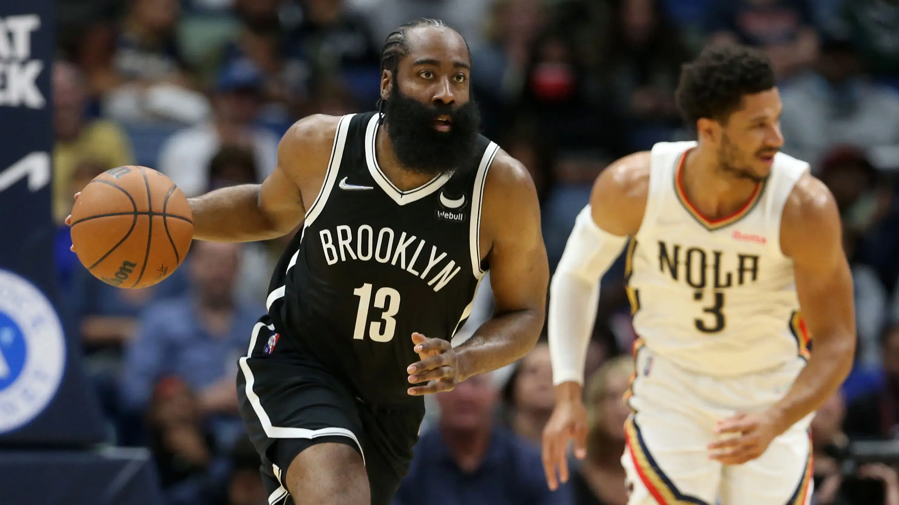 Nov 12, 2021; New Orleans, Louisiana, USA; Brooklyn Nets guard James Harden (13) dribbles up court during the first quarter against the New Orleans Pelicans at the Smoothie King Center. / Chuck Cook-USA TODAY Sports