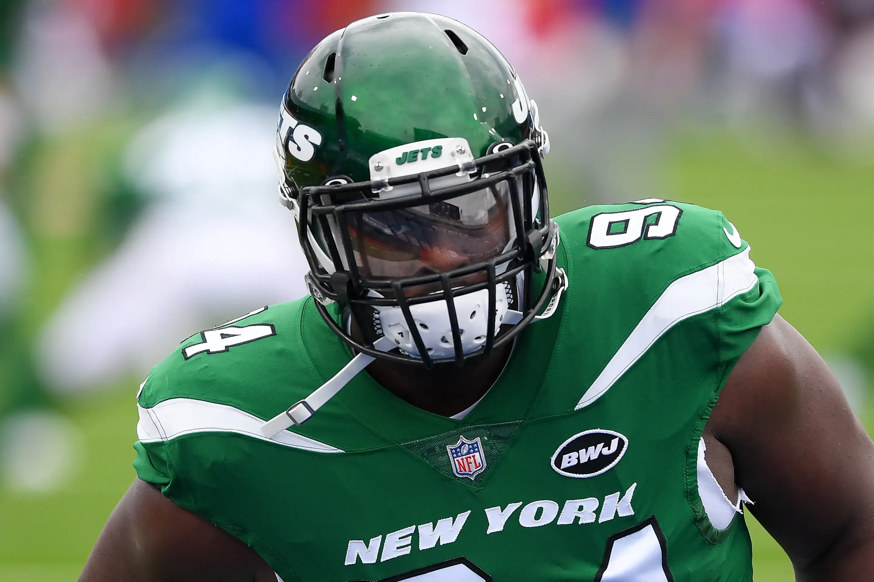 Sep 13, 2020; Orchard Park, New York, USA; New York Jets defensive tackle Folorunso Fatukasi (94) warms up prior to the game against the Buffalo Bills at Bills Stadium. / Rich Barnes-USA TODAY Sports