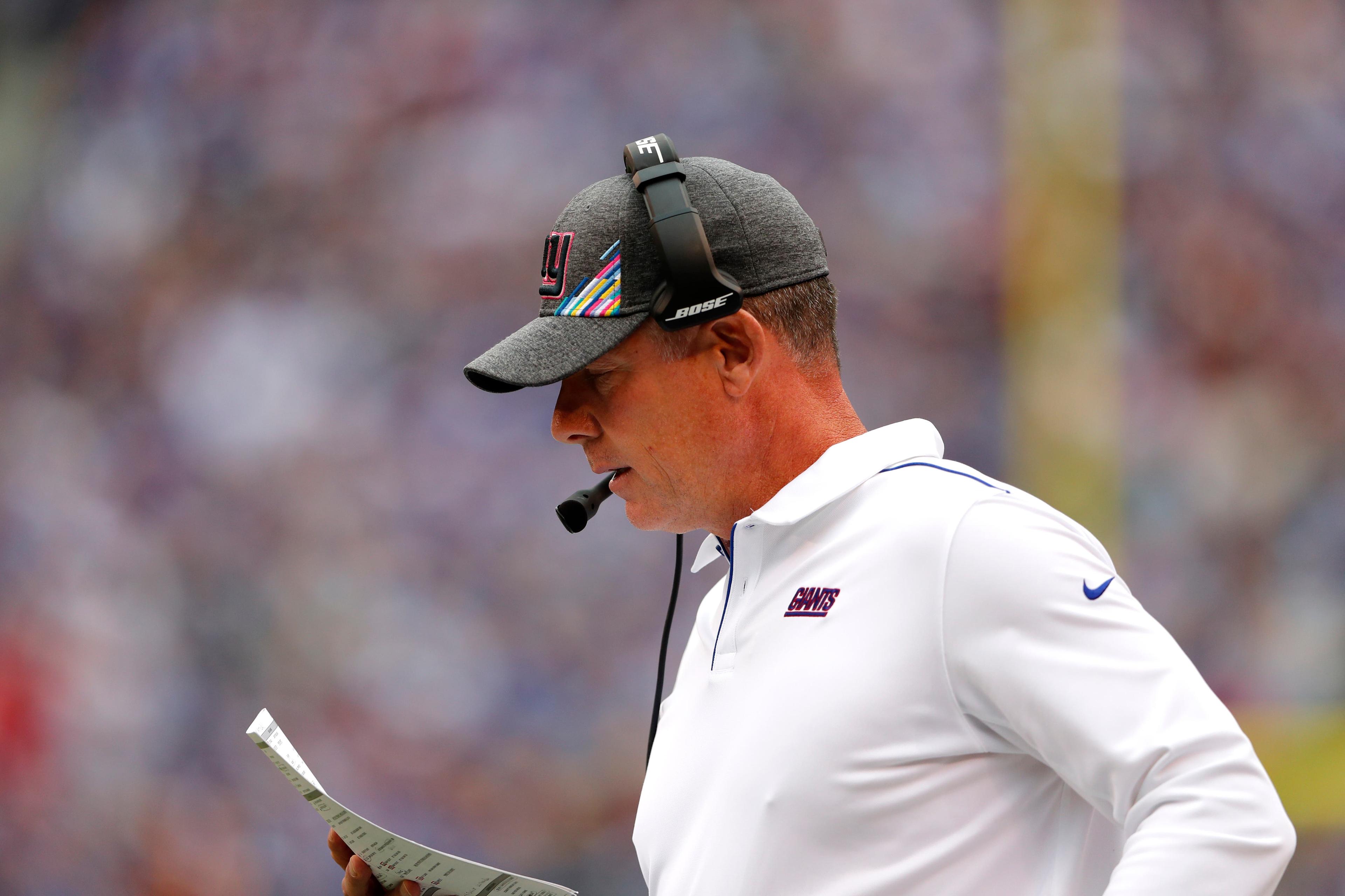 Oct 6, 2019; East Rutherford, NJ, USA; New York Giants head coach Pat Shurmur coaches during the first half against the Minnesota Vikings at MetLife Stadium. Mandatory Credit: Noah K. Murray-USA TODAY Sports / Noah K. Murray