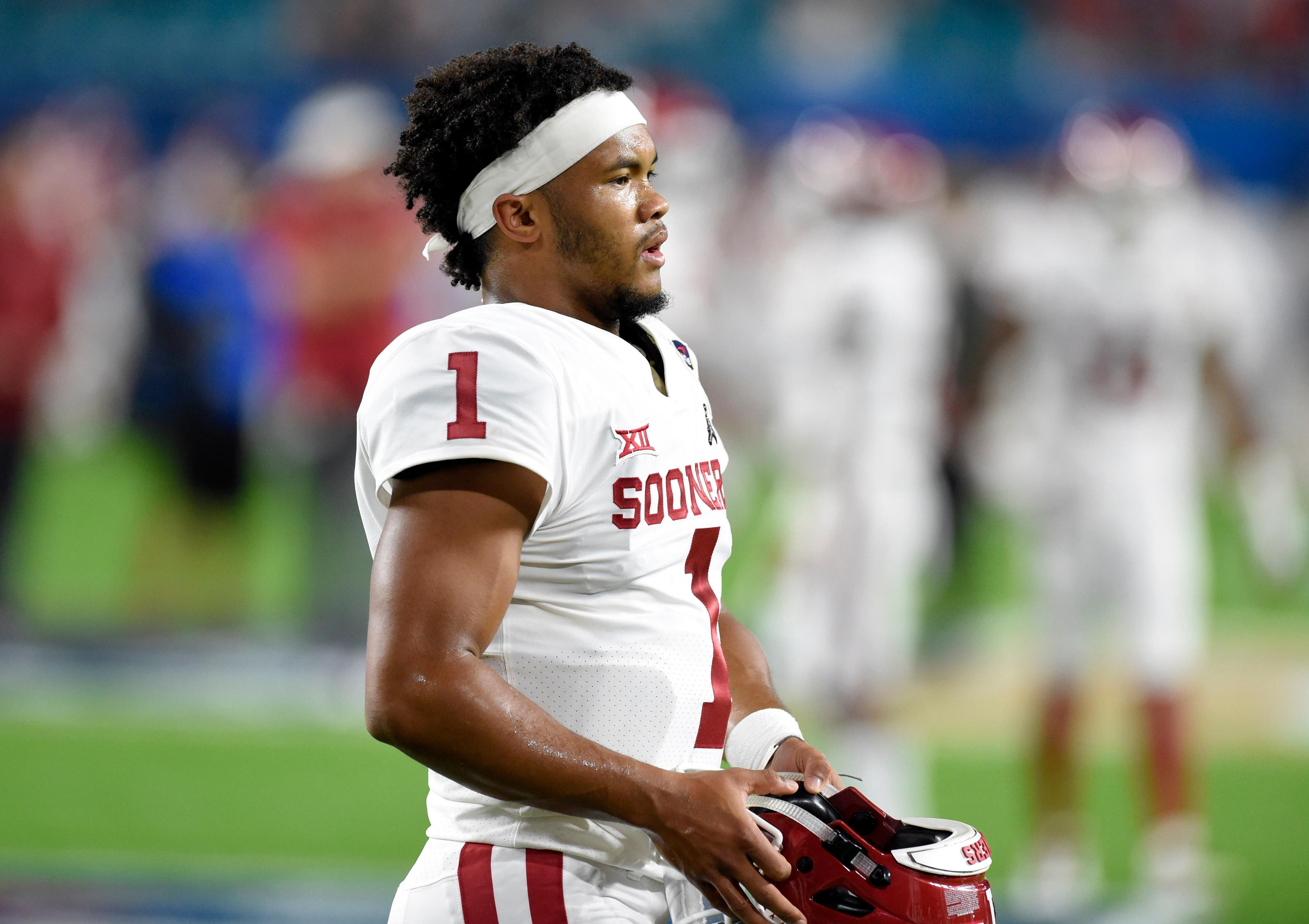 Dec 29, 2018; Miami Gardens, FL, USA; Oklahoma Sooners quarterback Kyler Murray (1) looks on prior to the 2018 Orange Bowl college football playoff semifinal game at Hard Rock Stadium. Mandatory Credit: John David Mercer-USA TODAY Sports / John David Mercer