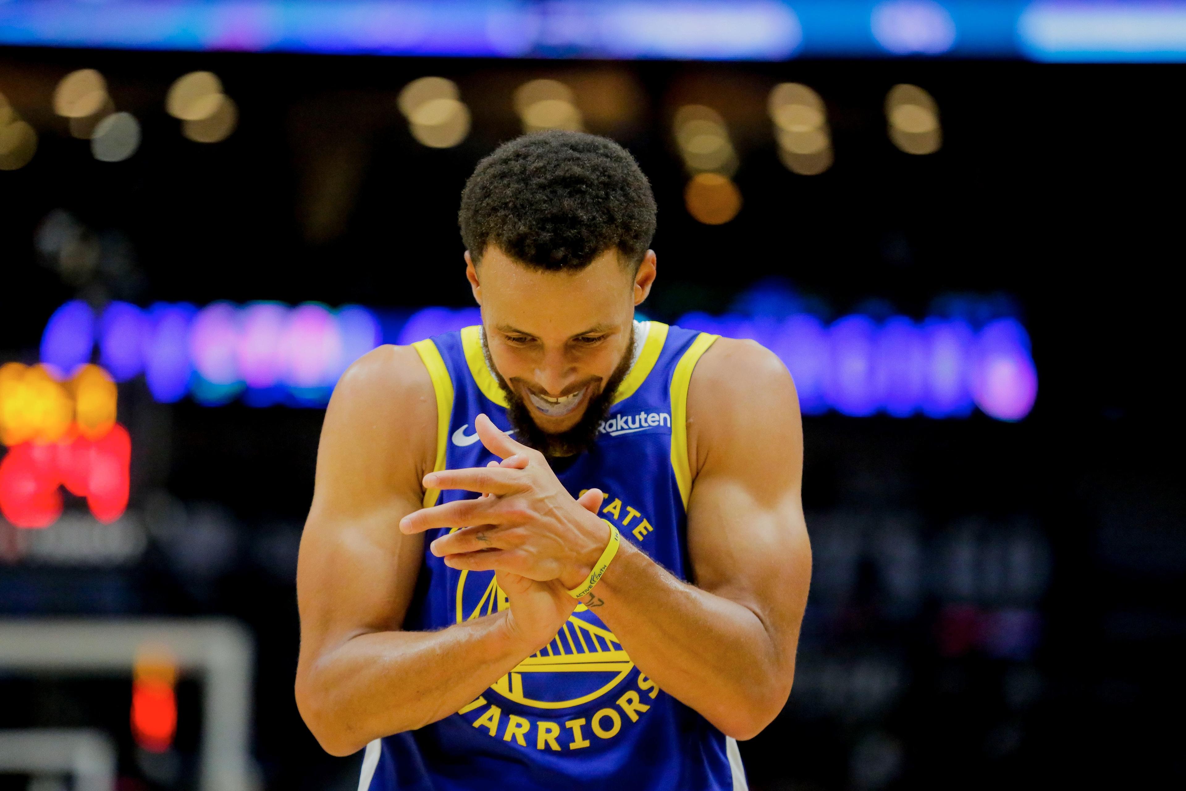 Oct 28, 2019; New Orleans, LA, USA; Golden State Warriors guard Stephen Curry (30) celebrates after a basket against the New Orleans Pelicans during the second quarter at the Smoothie King Center. Mandatory Credit: Derick E. Hingle-USA TODAY Sports / Derick E. Hingle