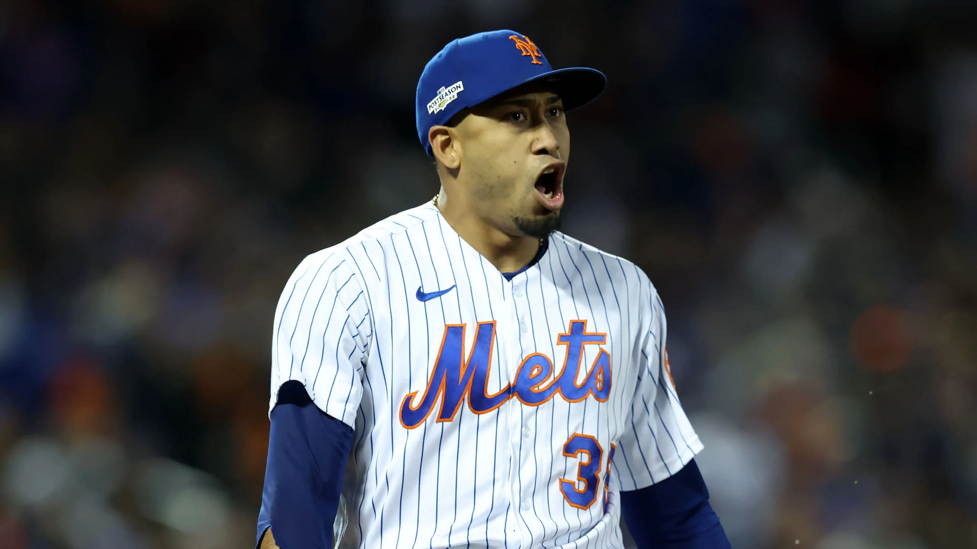 Edwin Diaz screaming Mets pinstripes night game October 2022 / Brad Penner - USA TODAY Sports