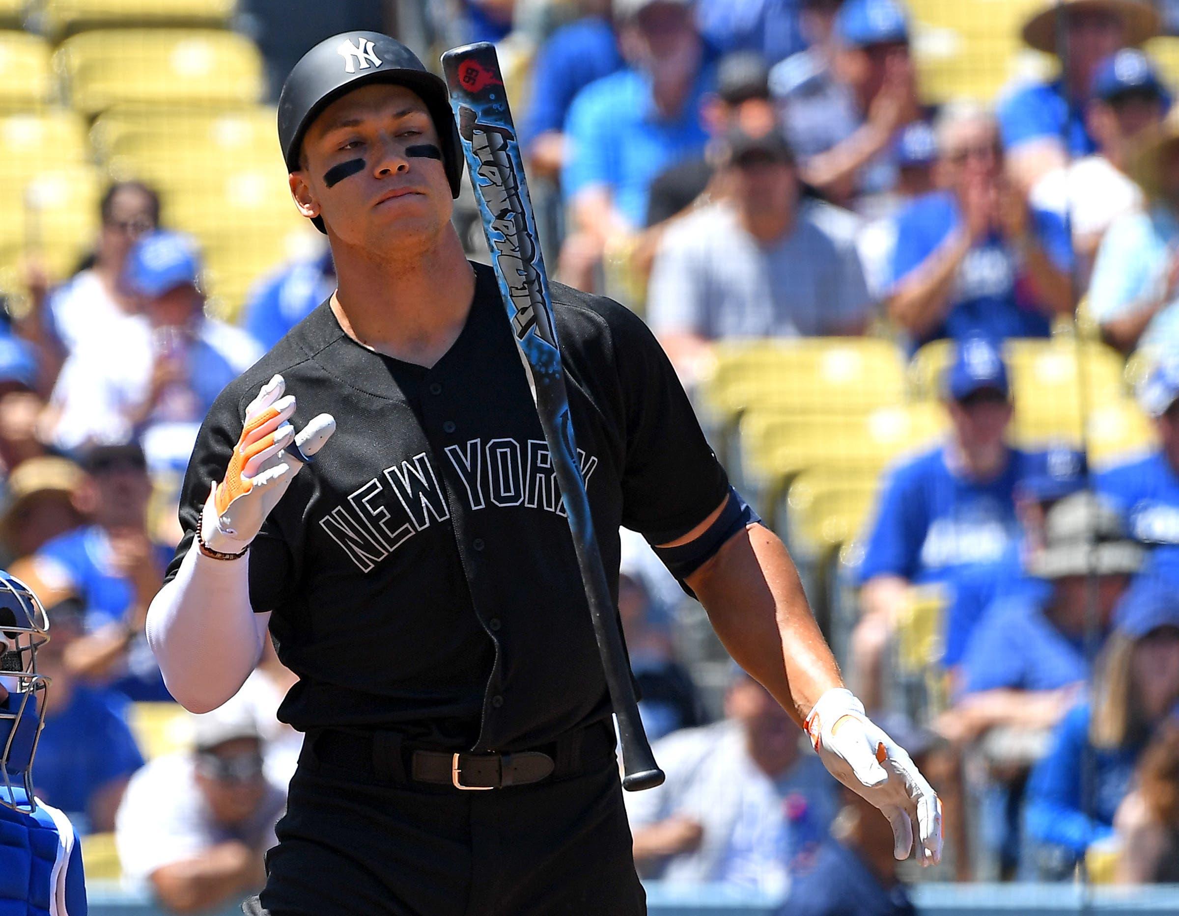 Aug 24, 2019; Los Angeles, CA, USA; New York Yankees right fielder Aaron Judge (99) flips hit bat after striking out in the first inning of the game against the Los Angeles Dodgers on MLB Players' Weekend at Dodger Stadium. Mandatory Credit: Jayne Kamin-Oncea-USA TODAY Sportsundefined