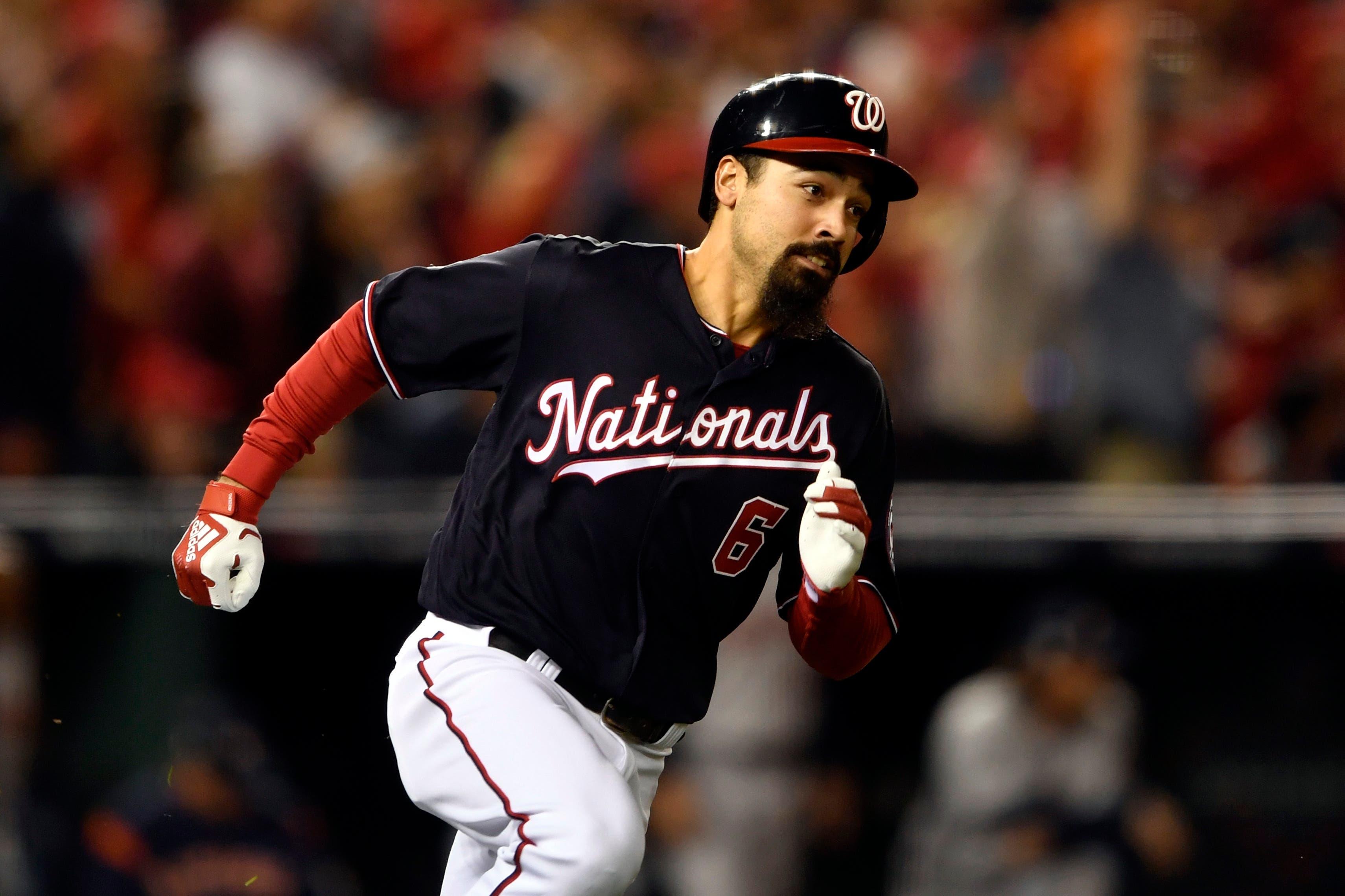 Oct 25, 2019; Washington, DC, USA; Washington Nationals third baseman Anthony Rendon (6) runs to first base on a double during the first inning against the Houston Astros in game three of the 2019 World Series at Nationals Park. Mandatory Credit: Tommy Gilligan-USA TODAY Sports / Tommy Gilligan