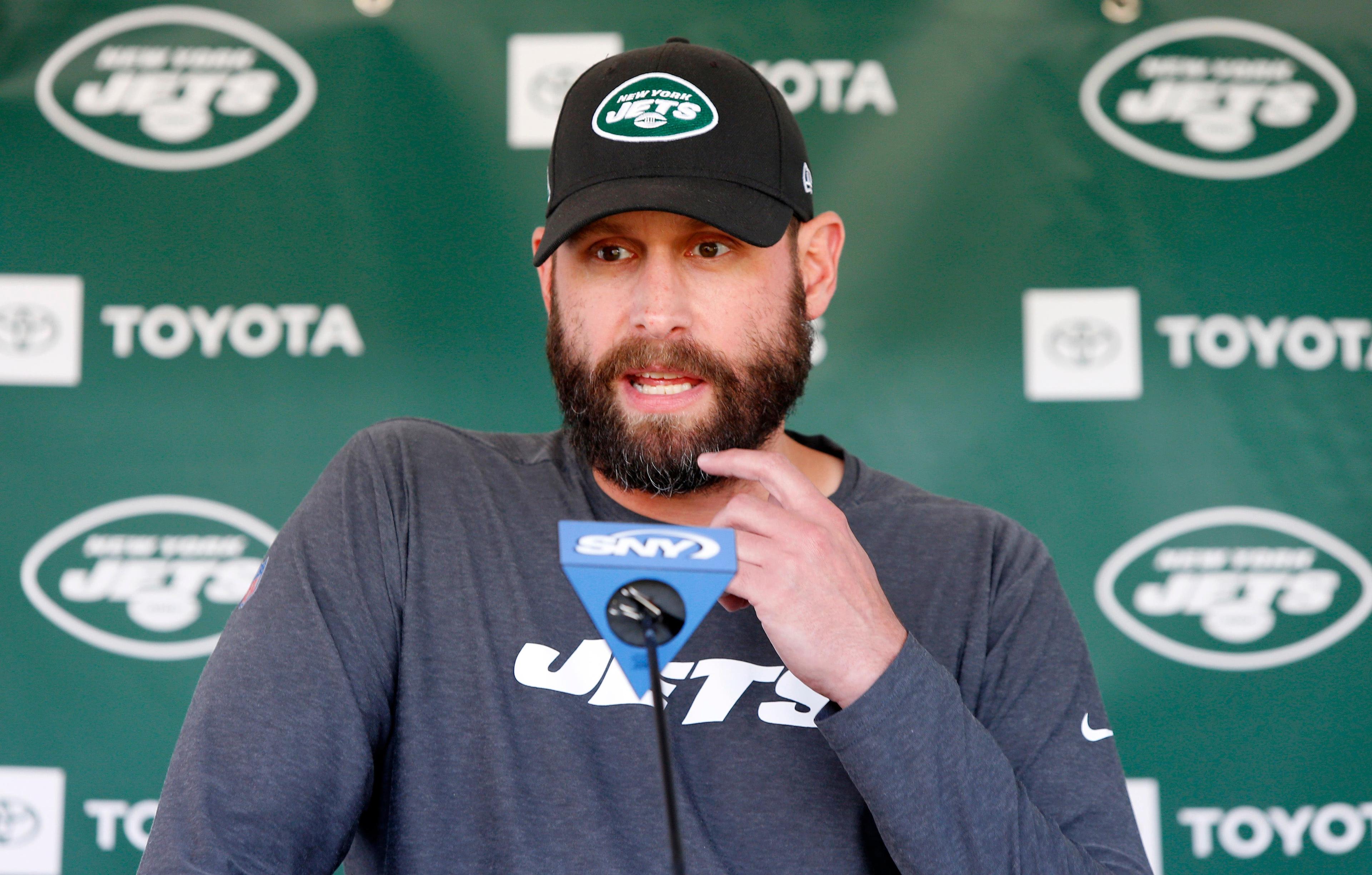 Jul 25, 2019; Florham Park, NJ, USA; New York Jets head coach Adam Gase answers questions from media during New York Jets training camp at Atlantic Health Center. Mandatory Credit: Noah K. Murray-USA TODAY Sports / Noah K. Murray