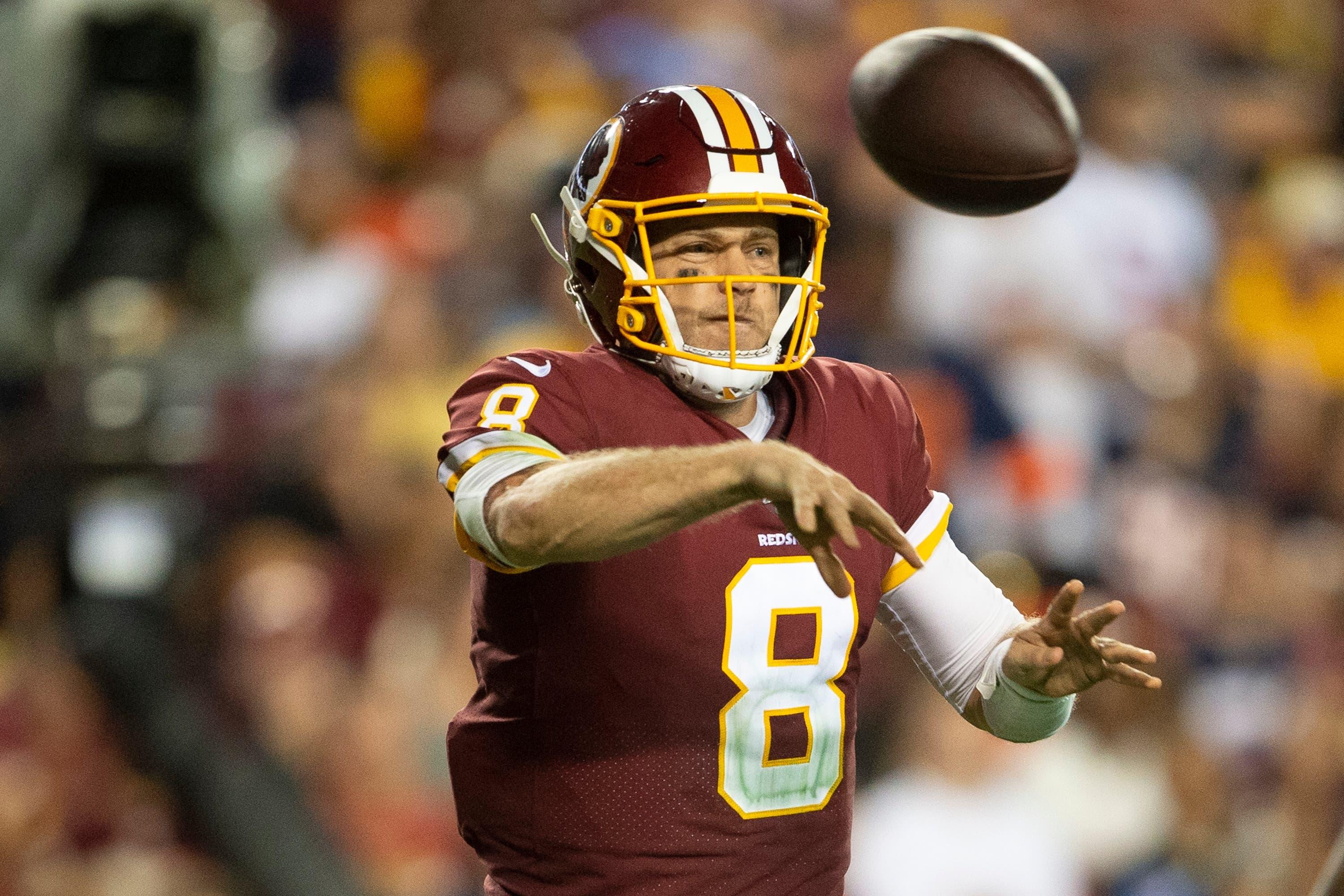 Sep 23, 2019; Landover, MD, USA; Washington Redskins quarterback Case Keenum (8) throws during the second half against the Chicago Bears at FedExField. Mandatory Credit: Tommy Gilligan-USA TODAY Sports / Tommy Gilligan