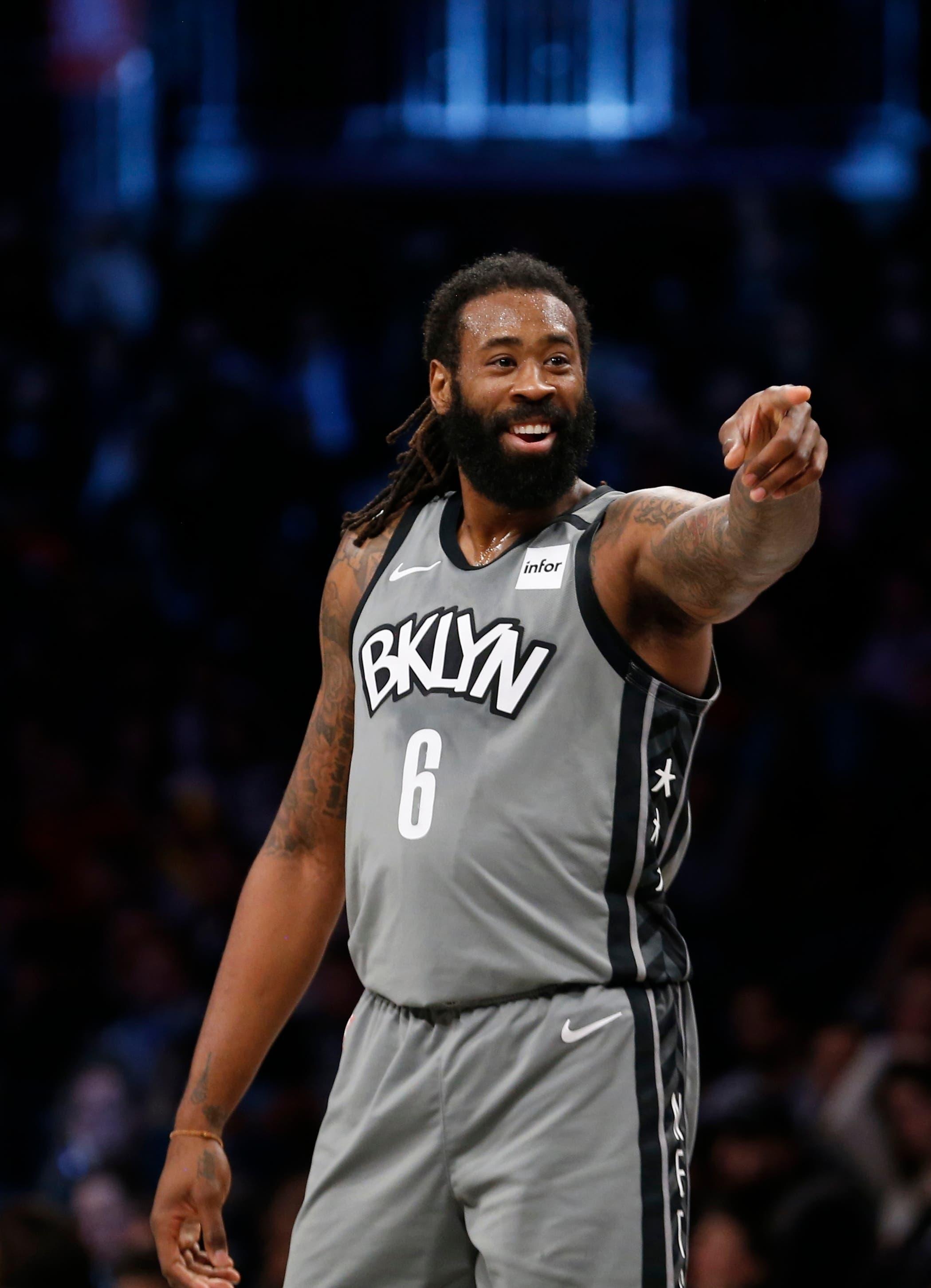 Jan 7, 2020; Brooklyn, New York, USA; Brooklyn Nets center Deandre Jordan (6) reacts in the third quarter against the Oklahoma City Thunder at Barclays Center. Mandatory Credit: Nicole Sweet-USA TODAY Sports / Nicole Sweet