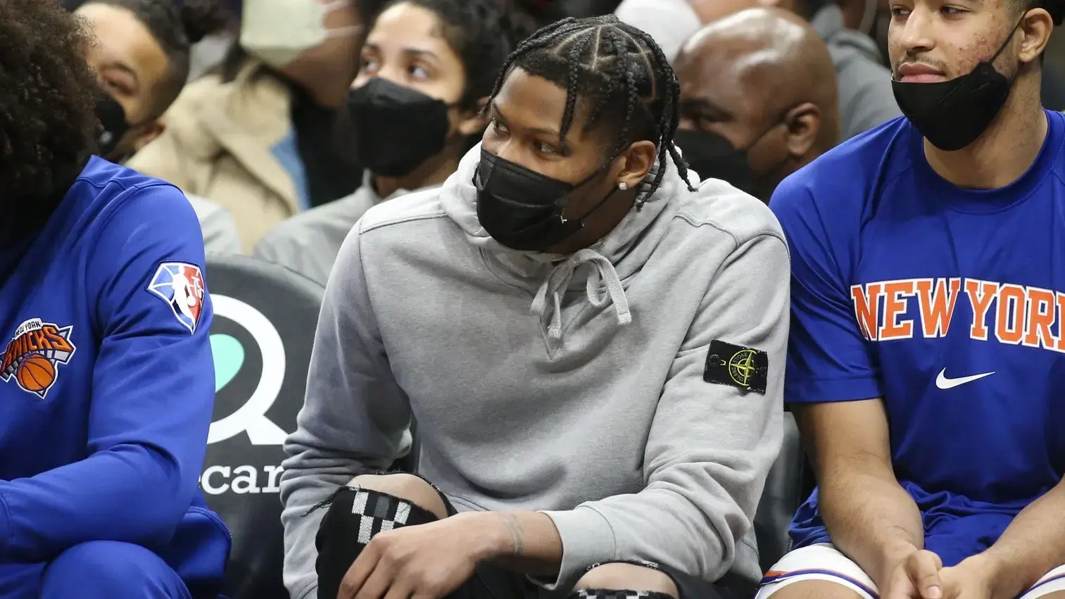 Jan 15, 2022; Atlanta, Georgia, USA; New York Knicks forward Cam Reddish (22) on the bench against the Atlanta Hawks in the second half at State Farm Arena. / Brett Davis-USA TODAY Sports