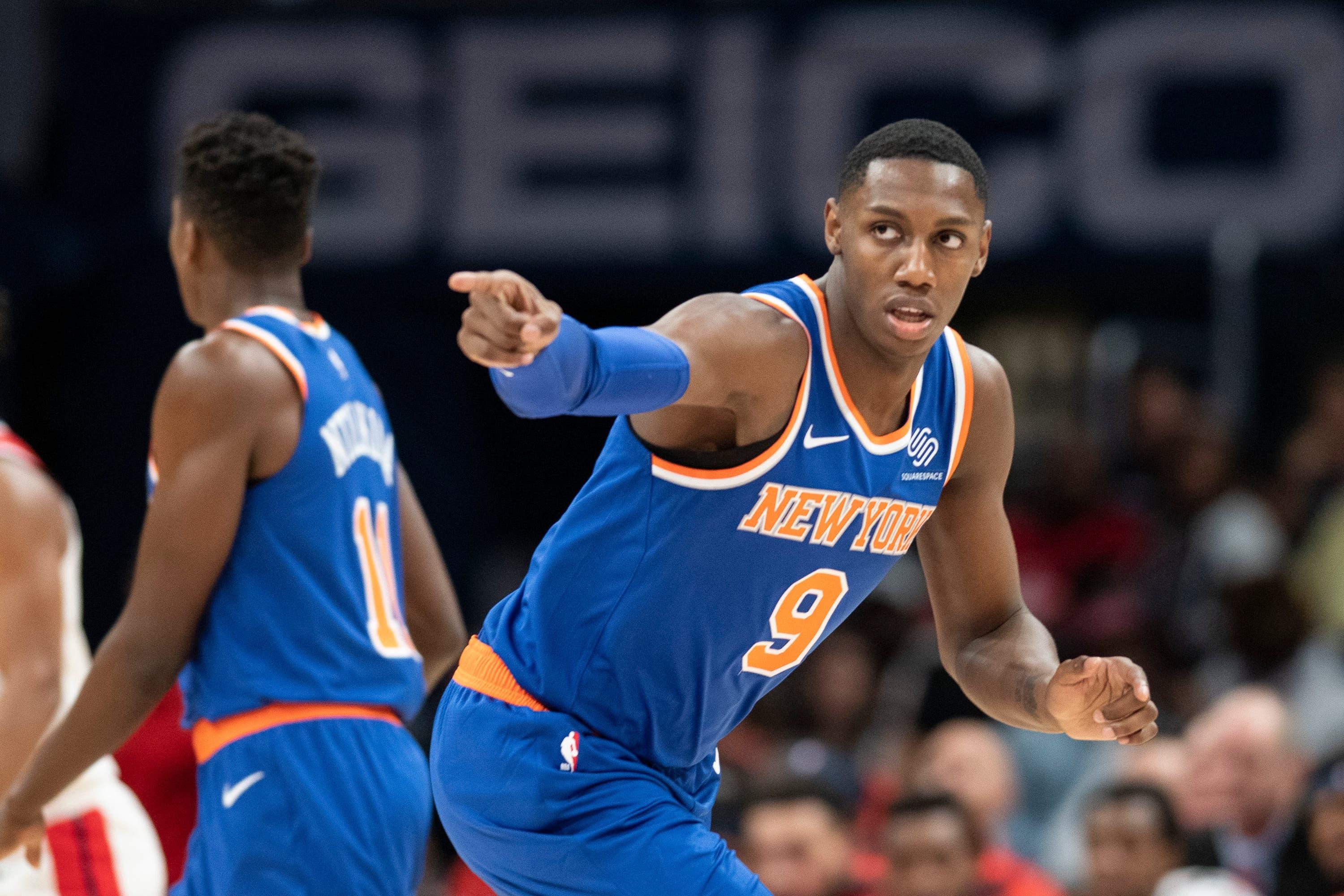 Oct 7, 2019; Washington, DC, USA; New York Knicks forward RJ Barrett (9) reacts after making a basket during the second half against the Washington Wizards at Capital One Arena. Mandatory Credit: Tommy Gilligan-USA TODAY Sports / Tommy Gilligan