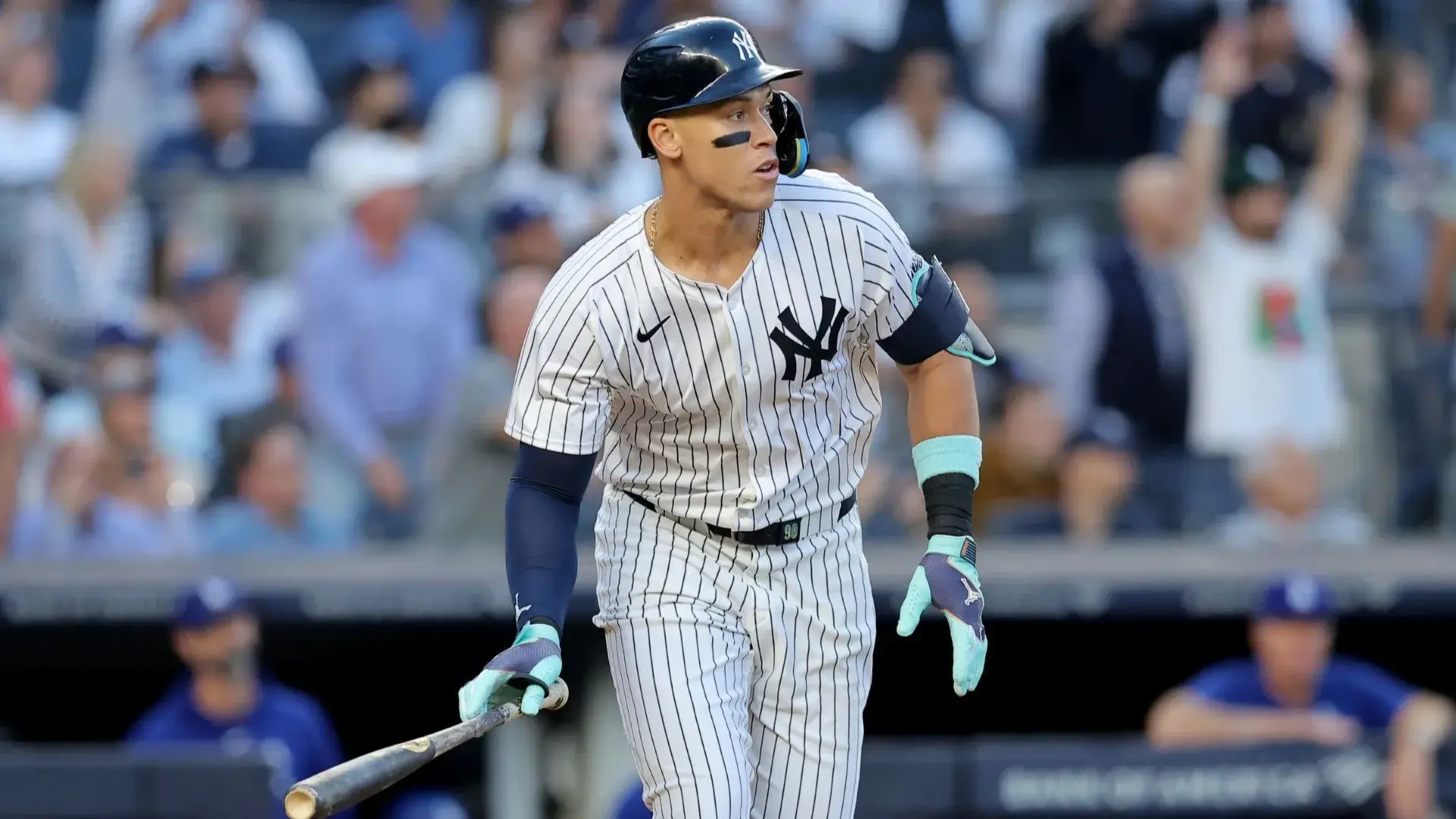 Jun 9, 2024; Bronx, New York, USA; New York Yankees right fielder Aaron Judge (99) watches his RBI double against the Los Angeles Dodgers during the third inning at Yankee Stadium. / Brad Penner-USA TODAY Sports