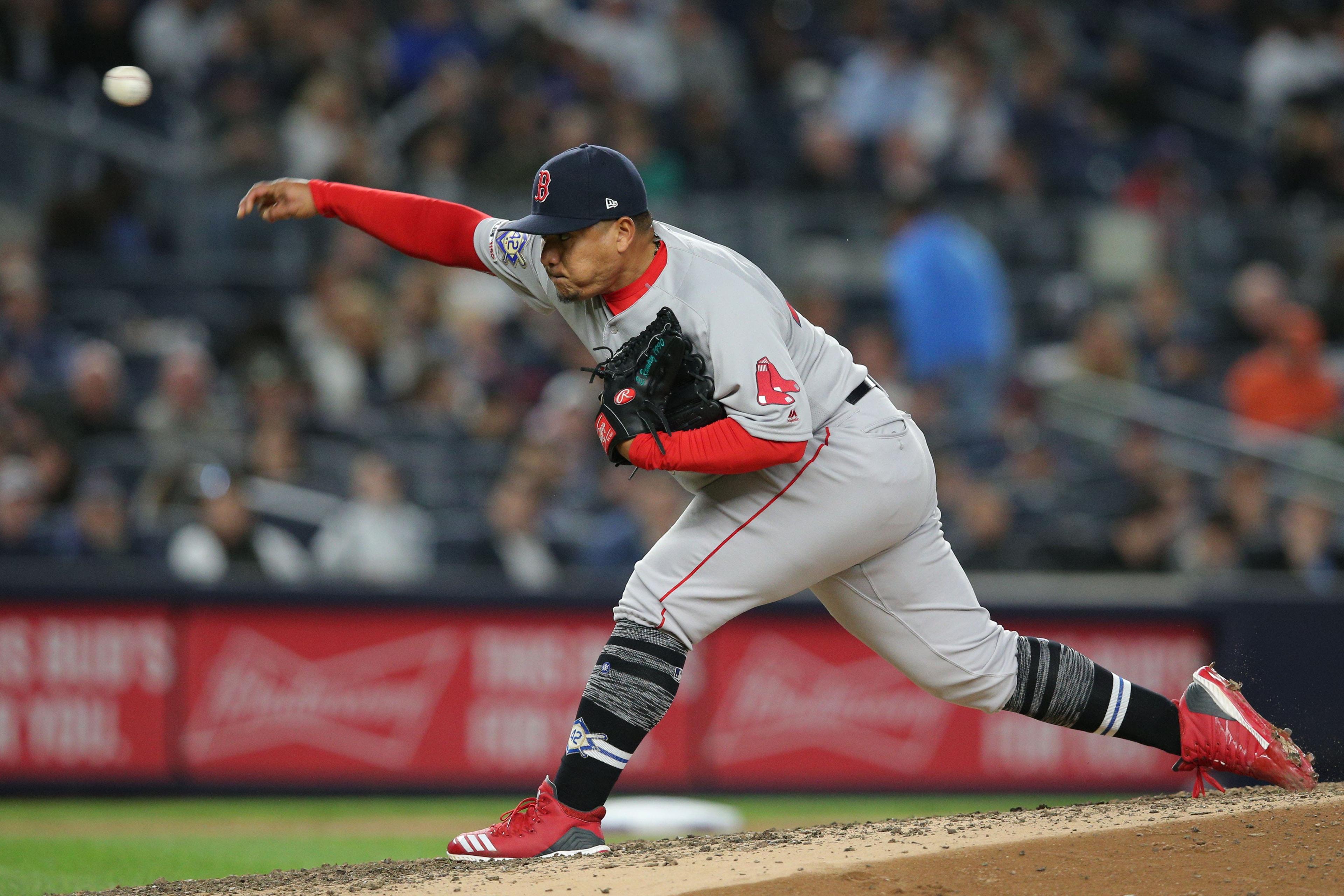 Apr 16, 2019; Bronx, NY, USA; Boston Red Sox relief pitcher Erasmo Ramirez (31) pitches against the New York Yankees during the sixth inning at Yankee Stadium. Mandatory Credit: Brad Penner-USA TODAY Sports / Brad Penner