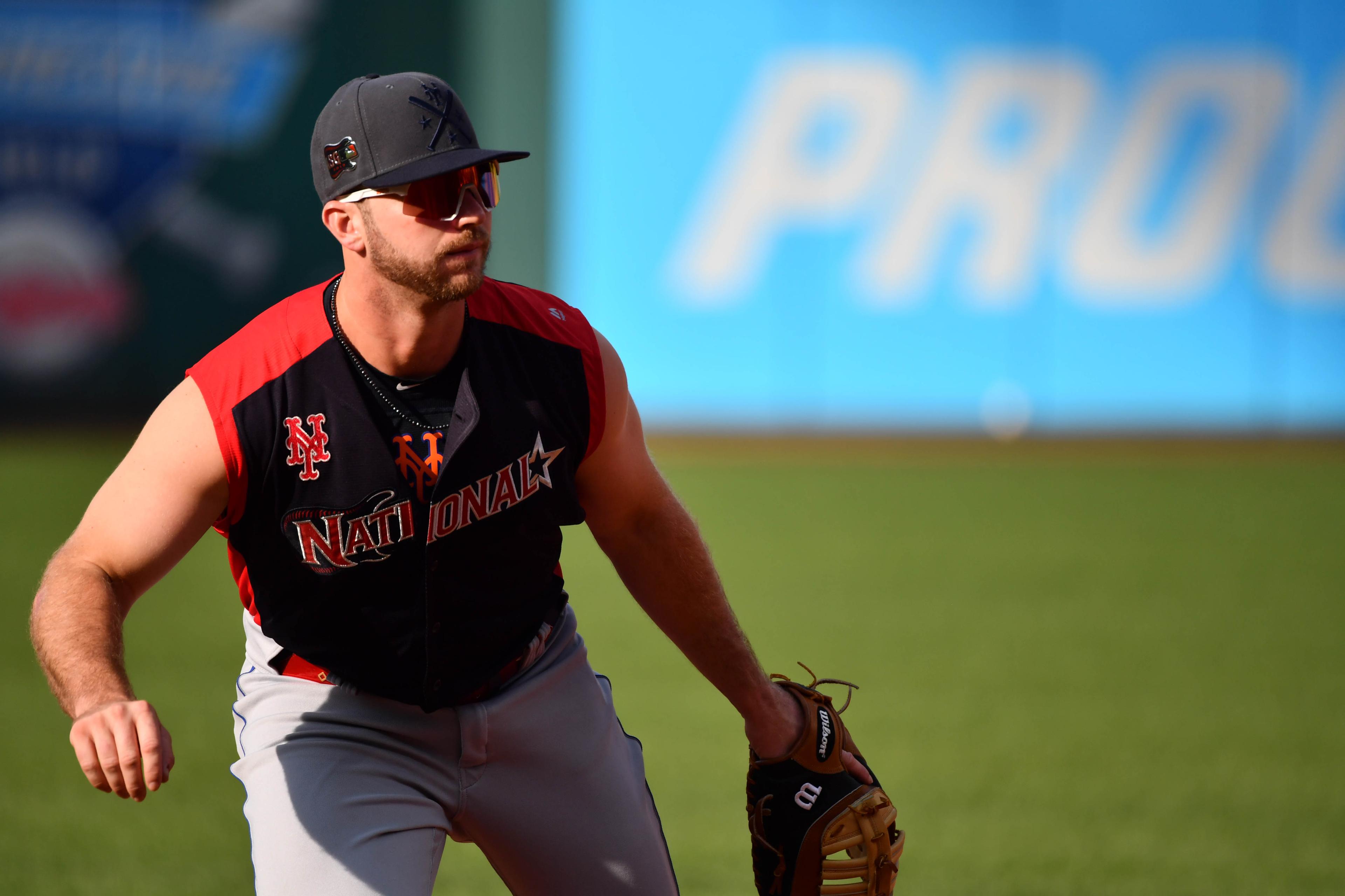 Jul 9, 2019; Cleveland, OH, USA; National League infielder Pete Alonso (20) of the New York Mets prior to the 2019 MLB All Star Game at Progressive Field. Mandatory Credit: Ken Blaze-USA TODAY Sports