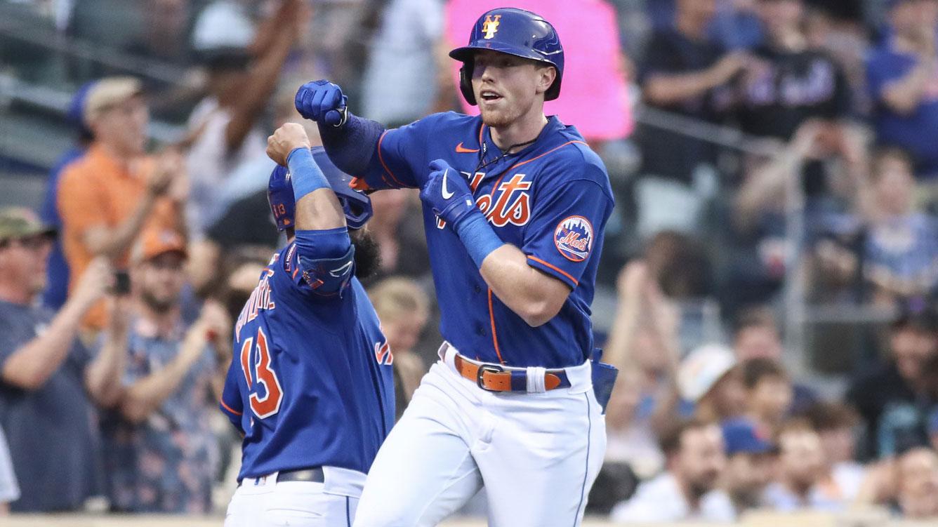 Jul 19, 2023; New York City, New York, USA; New York Mets third baseman Brett Baty (22) celebrates with New York Mets second baseman Luis Guillorme (13) after hitting a solo home run in the third inning against the Chicago White Sox at Citi Field. / Wendell Cruz-USA TODAY Sports
