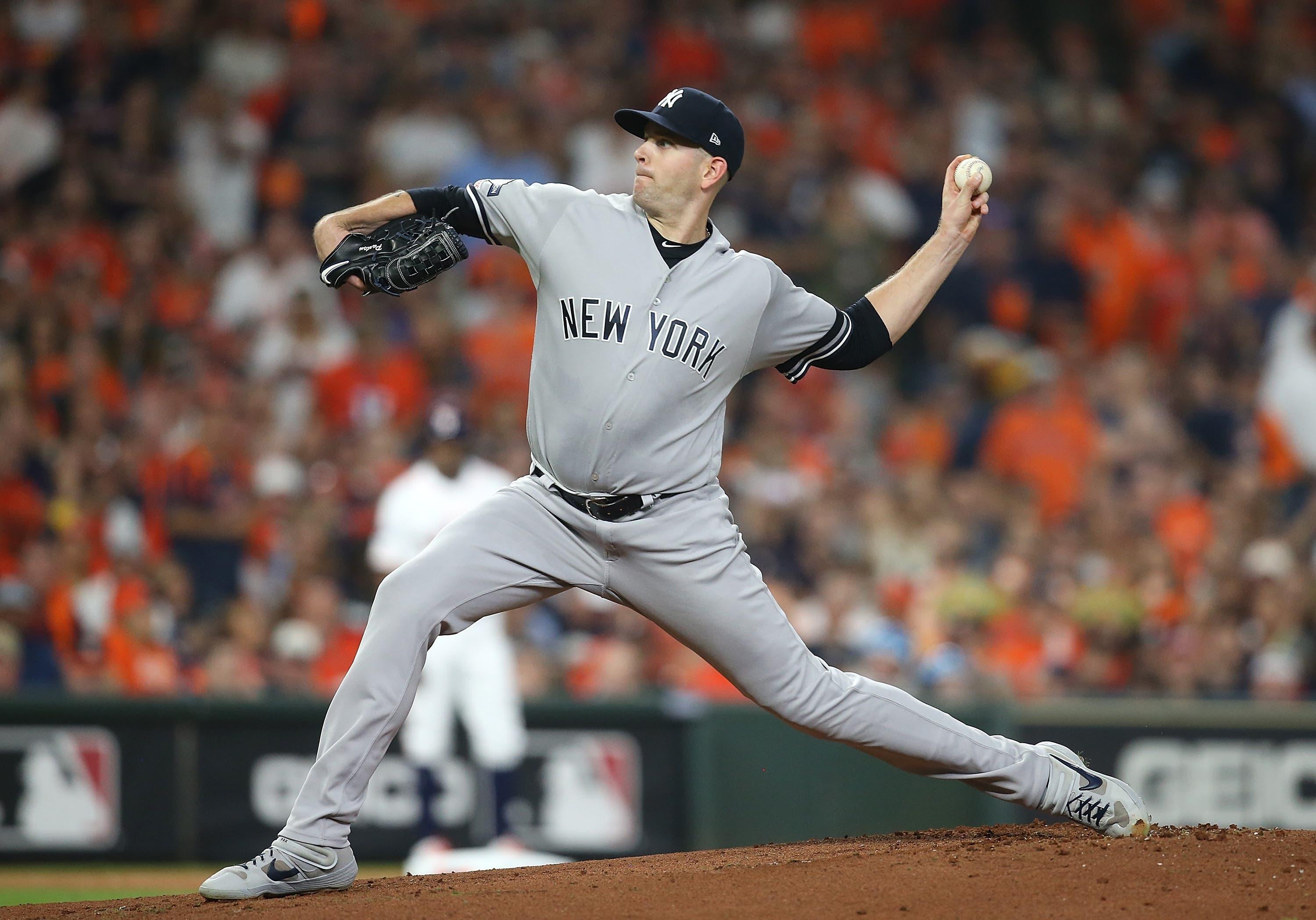 Oct 13, 2019; Houston, TX, USA; New York Yankees starting pitcher James Paxton (65) pitches during the first inning against the Houston Astros in game two of the 2019 ALCS playoff baseball series at Minute Maid Park. Mandatory Credit: Thomas B. Shea-USA TODAY Sports / Thomas Shea