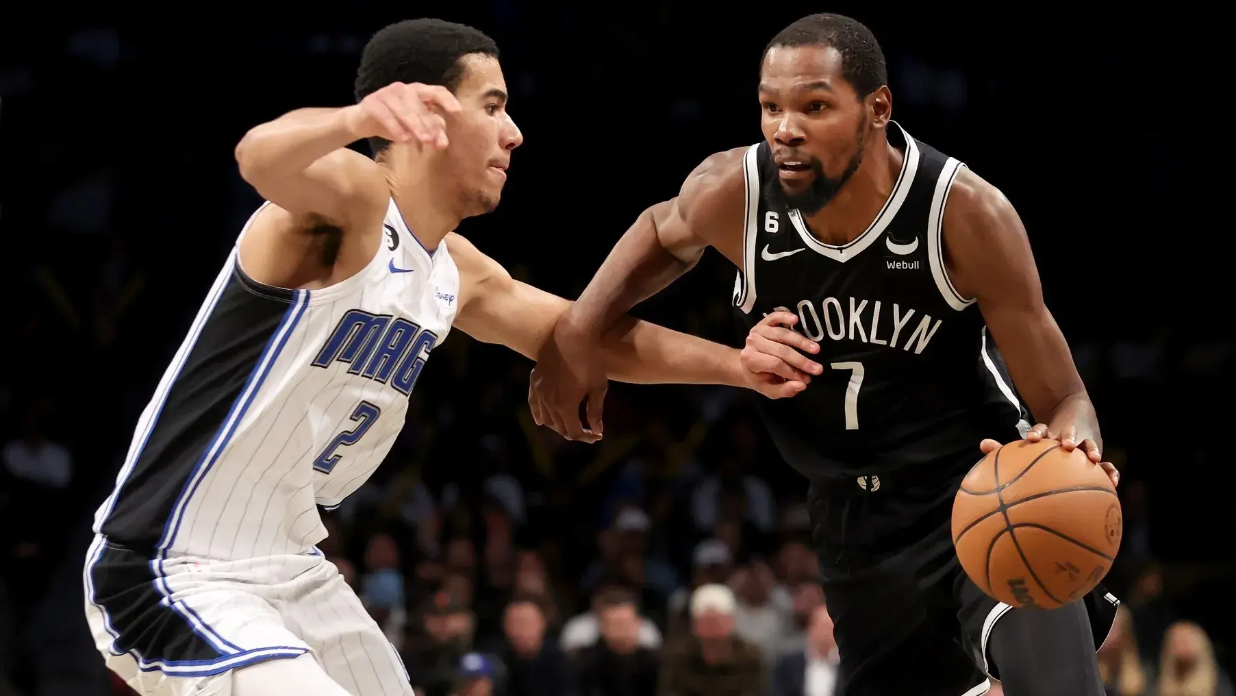 Nov 28, 2022; Brooklyn, New York, USA; Brooklyn Nets forward Kevin Durant (7) drives to the basket against Orlando Magic forward Caleb Houstan (2) during the fourth quarter at Barclays Center. / Brad Penner-USA TODAY Sports