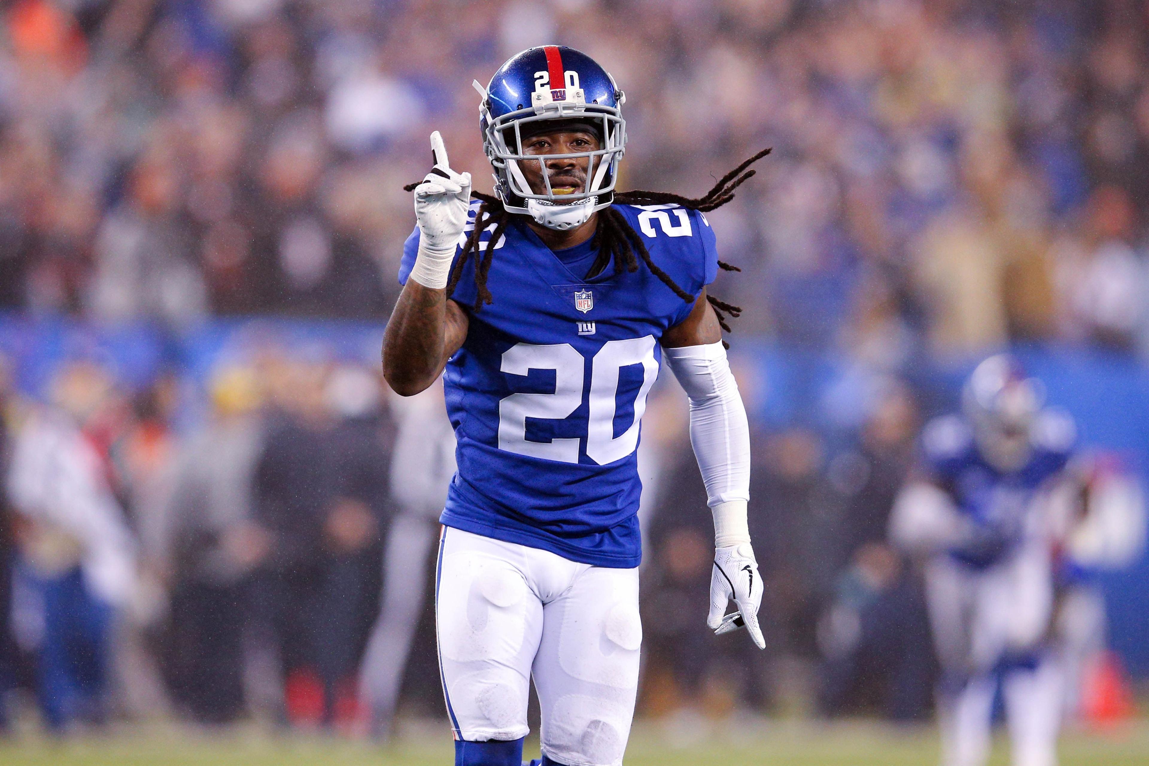 Dec 2, 2018; East Rutherford, NJ, USA; New York Giants cornerback Janoris Jenkins (20) reacts after the final play of the game against the Chicago Bears during overtime at MetLife Stadium. Mandatory Credit: Brad Penner-USA TODAY Sports / Brad Penner