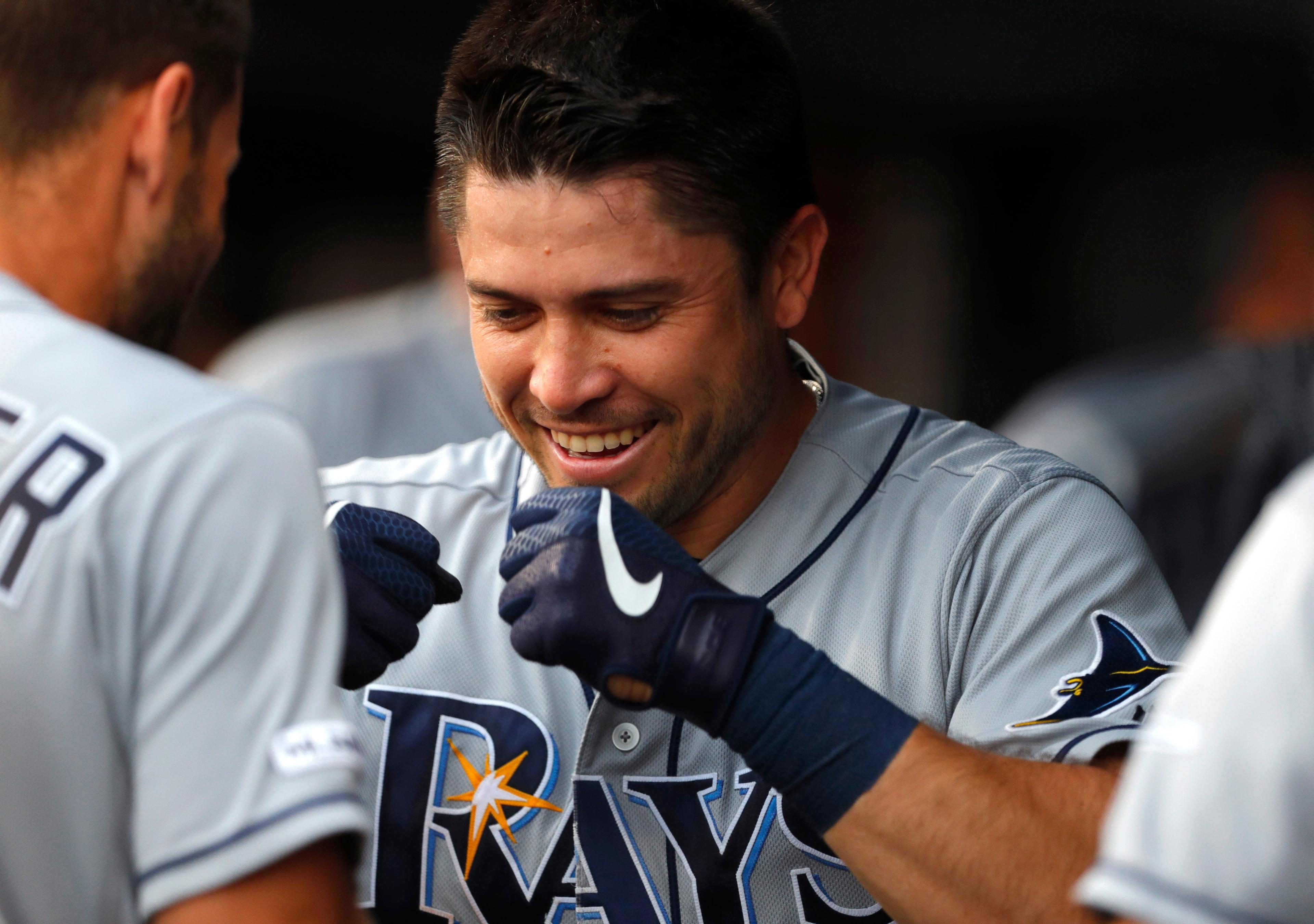 Jul 15, 2019; Bronx, NY, USA; Tampa Bay Rays catcher Travis d'Arnaud (37) celebrates after hitting a home run against the New York Yankees in the first inning at Yankee Stadium. Mandatory Credit: Noah K. Murray-USA TODAY Sports / Noah K. Murray