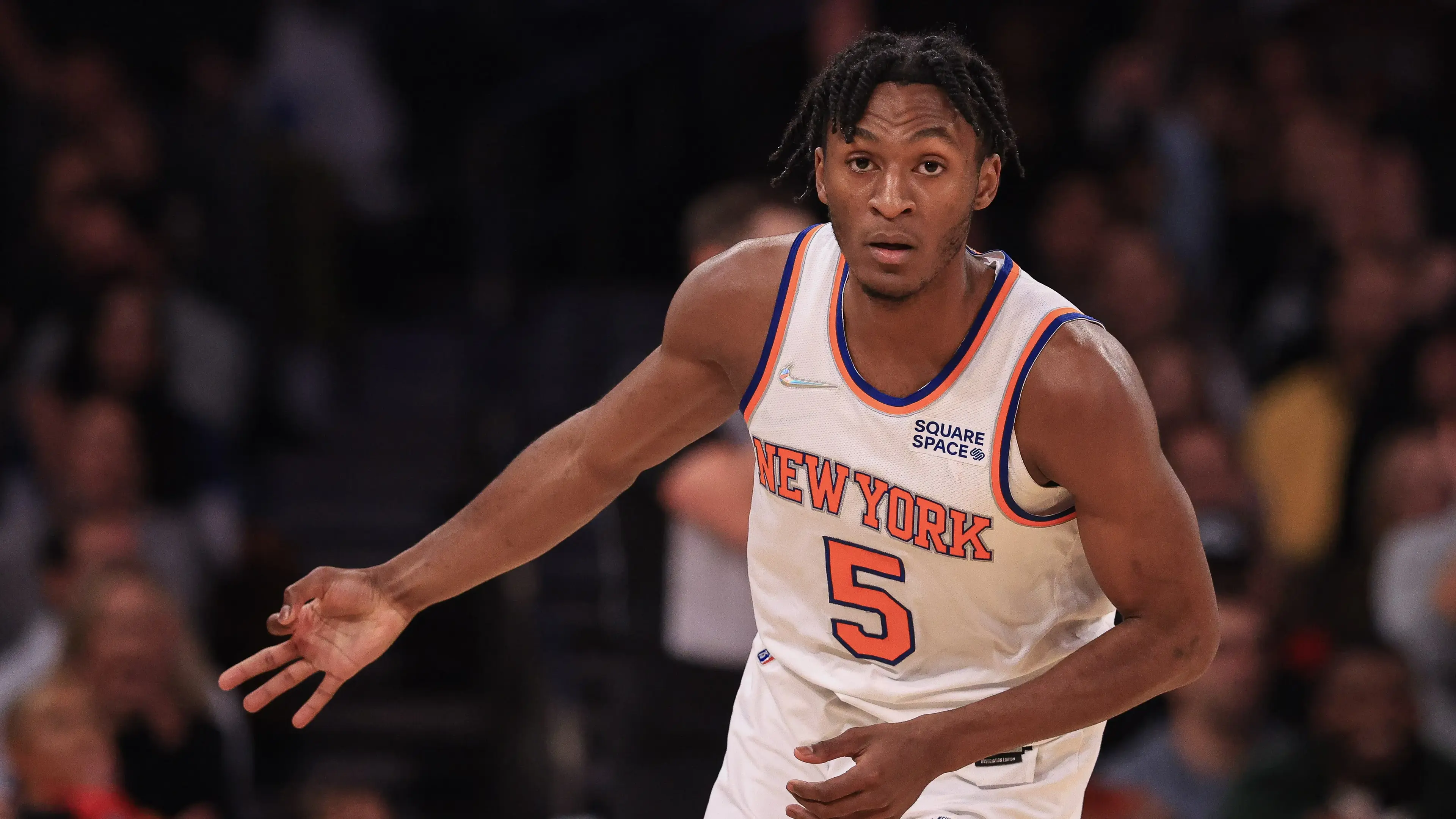 Nov 15, 2021; New York, New York, USA; New York Knicks guard Immanuel Quickley (5) reacts after making a three point basket against the Indiana Pacers during the first half at Madison Square Garden. Mandatory Credit: Vincent Carchietta-USA TODAY Sports / Vincent Carchietta-USA TODAY Sports