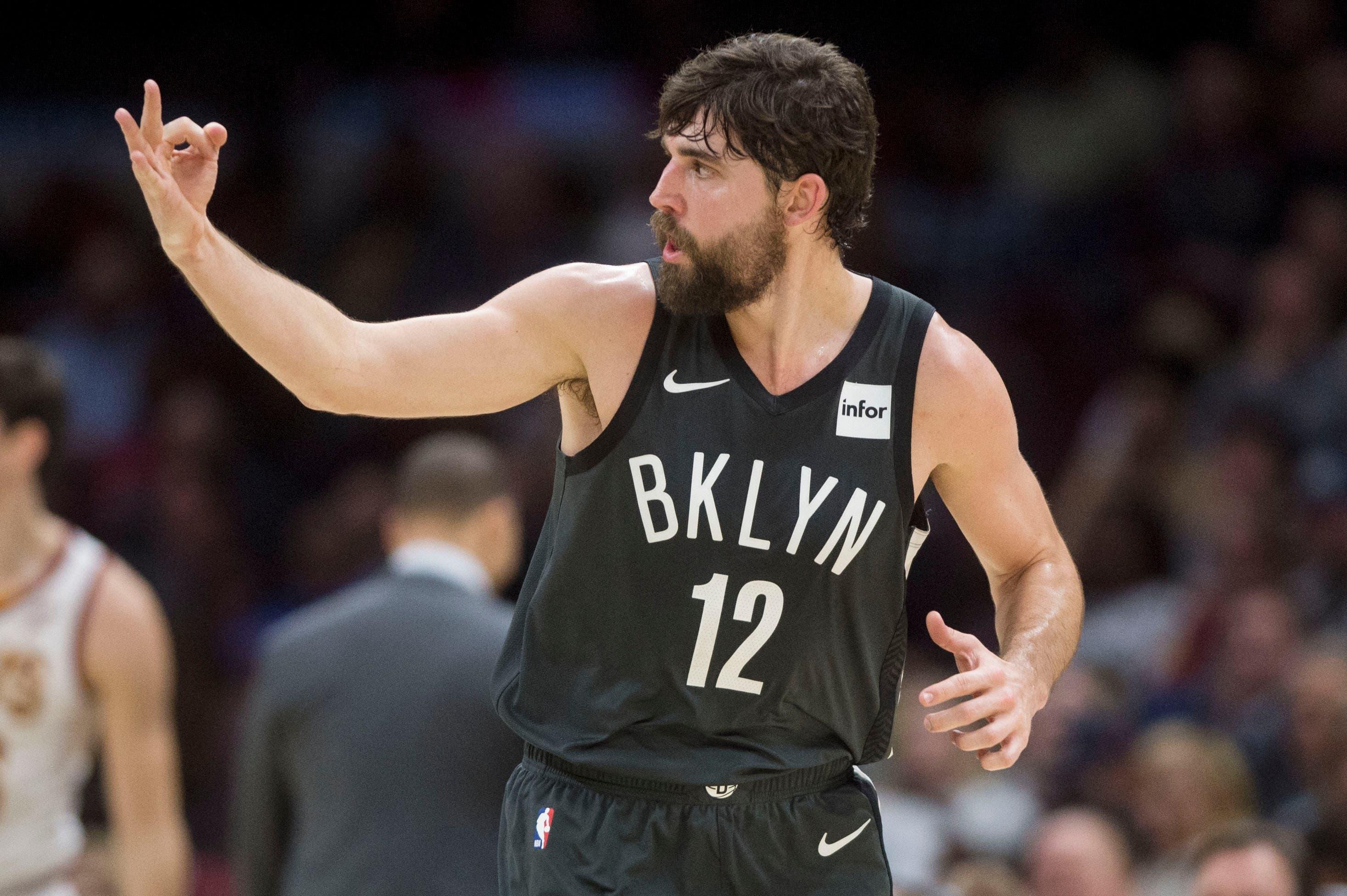 Oct 24, 2018; Cleveland, OH, USA; Brooklyn Nets forward Joe Harris (12) celebrates a three-pointer during the first half against the Cleveland Cavaliers at Quicken Loans Arena. Mandatory Credit: Ken Blaze-USA TODAY Sports / Ken Blaze