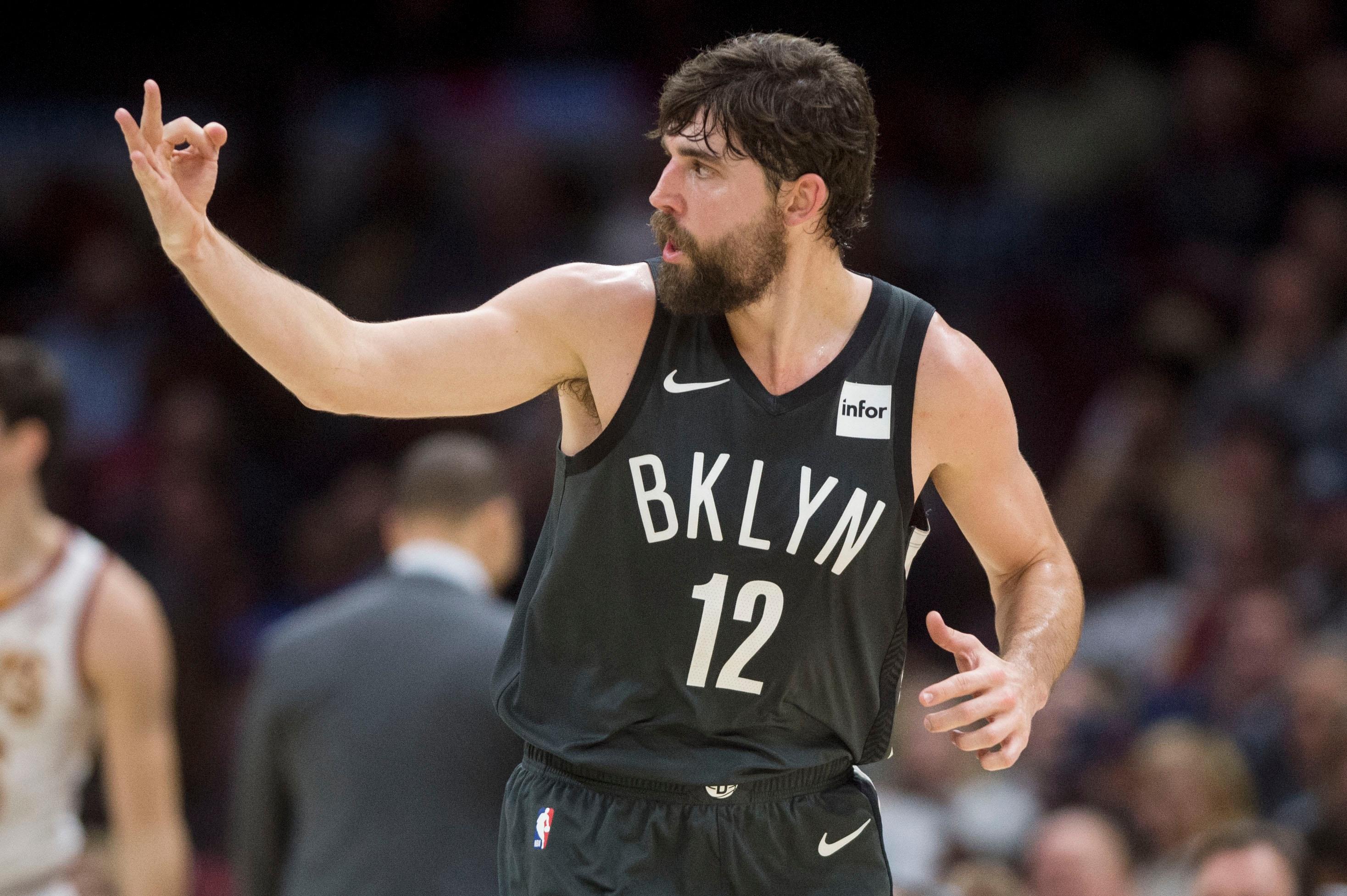 Oct 24, 2018; Cleveland, OH, USA; Brooklyn Nets forward Joe Harris (12) celebrates a three-pointer during the first half against the Cleveland Cavaliers at Quicken Loans Arena. Mandatory Credit: Ken Blaze-USA TODAY Sports

