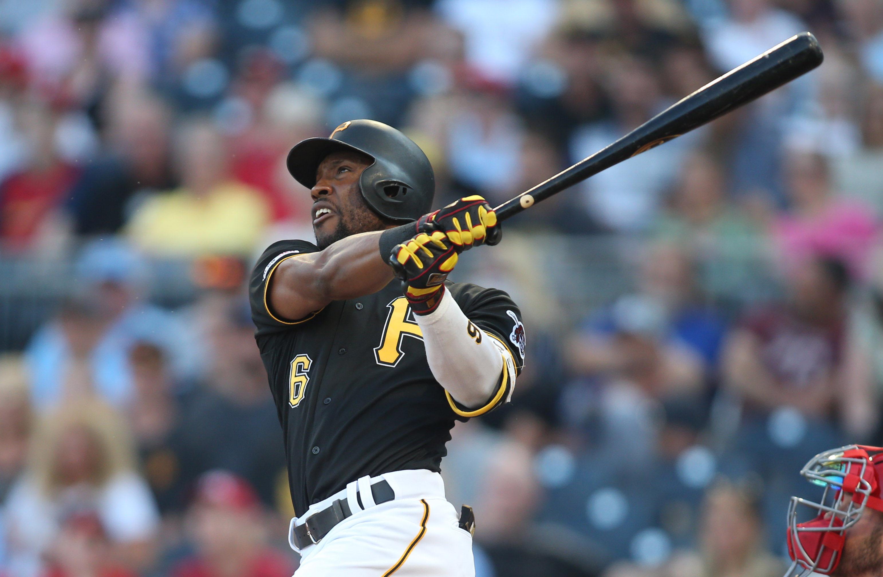 Jul 23, 2019; Pittsburgh, PA, USA; Pittsburgh Pirates center fielder Starling Marte (6) hits a three run home run against the St. Louis Cardinals during the first inning at PNC Park. Mandatory Credit: Charles LeClaire-USA TODAY Sports