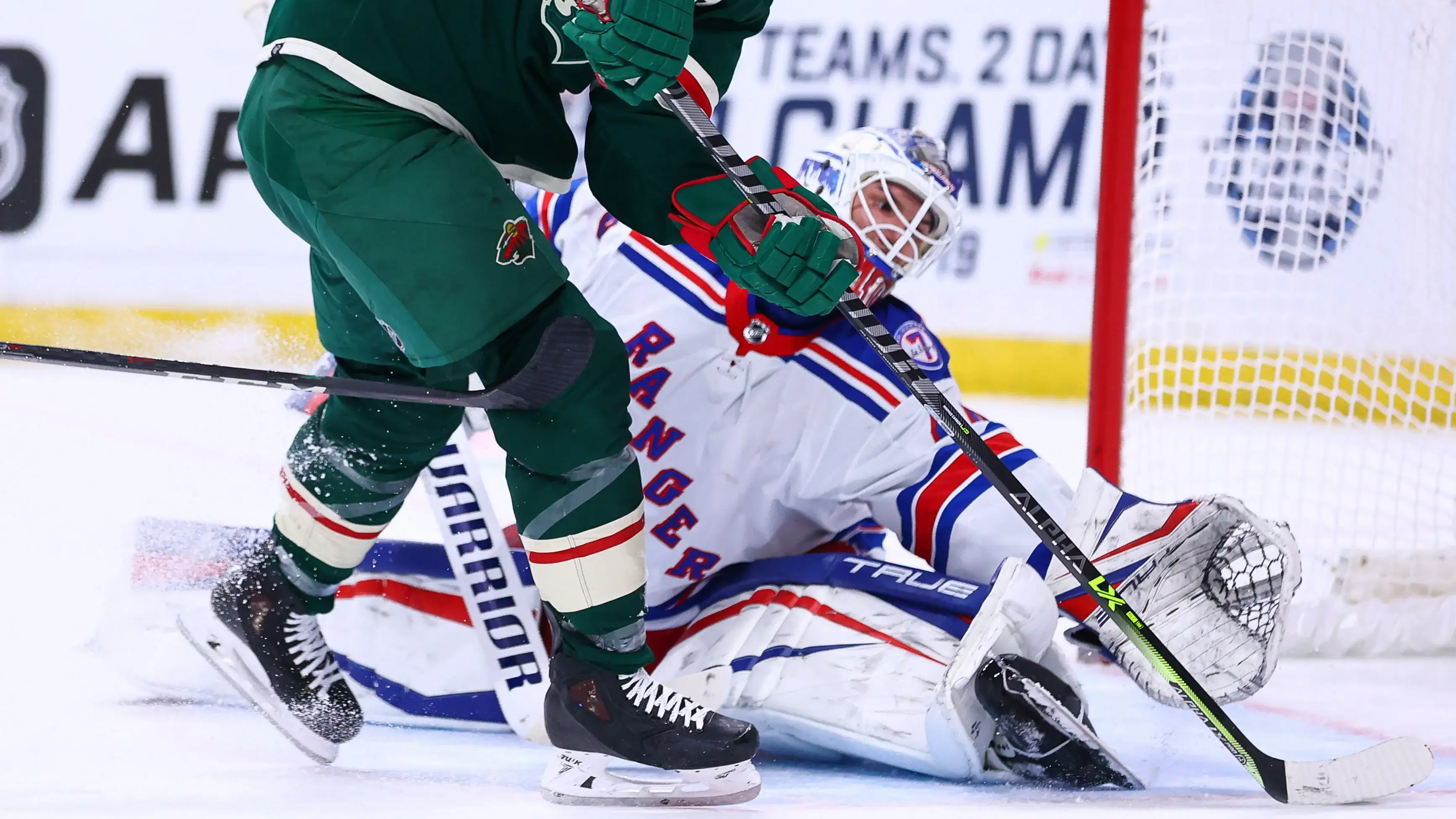 Mar 8, 2022; Saint Paul, Minnesota, USA; Minnesota Wild left wing Marcus Foligno (17) scores a goal against the New York Rangers during the second period at Xcel Energy Center. / Harrison Barden-USA TODAY Sports