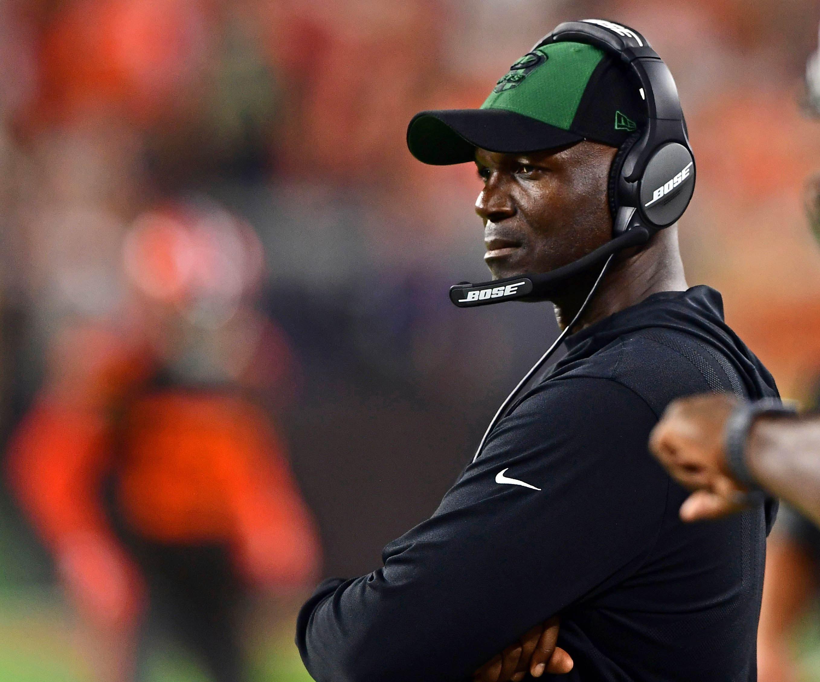 Sep 20, 2018; Cleveland, OH, USA; New York Jets head coach Todd Bowles stands on the sideline during the second half of a game against the Cleveland Browns at FirstEnergy Stadium. Mandatory Credit: David Dermer-USA TODAY Sports / David Dermer