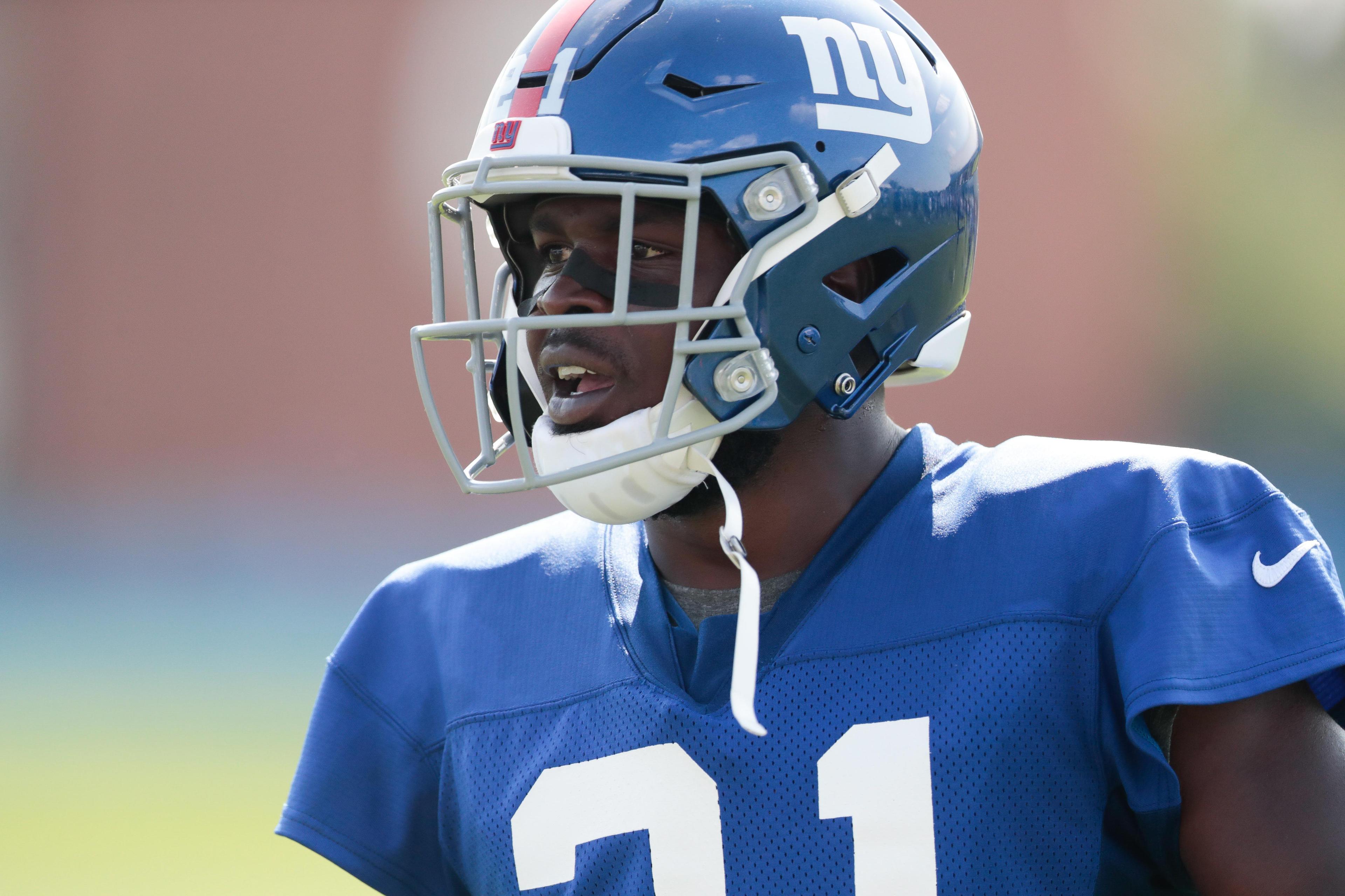 Jul 25, 2019; East Rutherford, NJ, USA; New York Giants free safety Jabrill Peppers (21) during the first day of training camp at Quest Diagnostics Training Center. Mandatory Credit: Vincent Carchietta-USA TODAY Sports / Vincent Carchietta