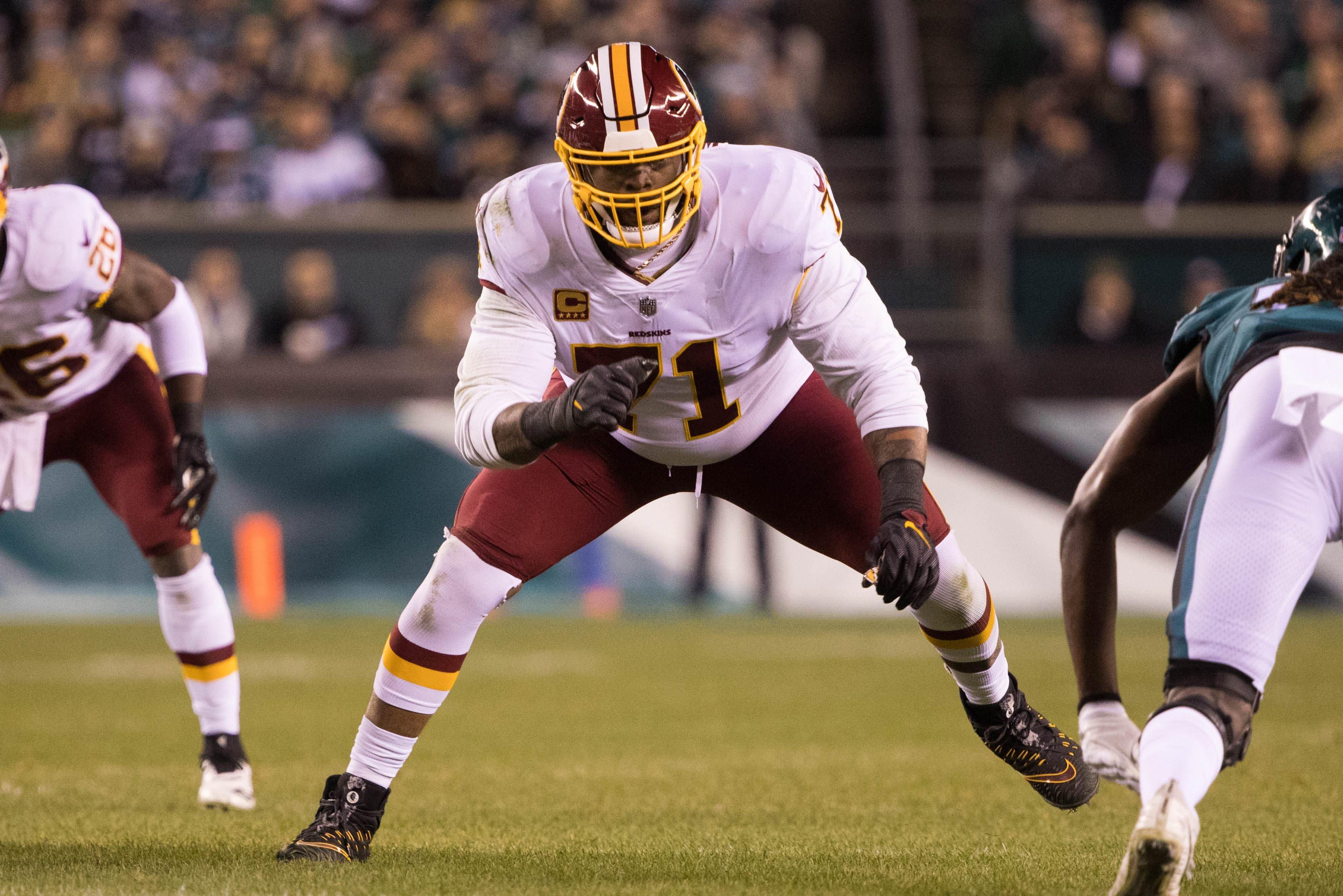 Dec 3, 2018; Philadelphia, PA, USA; Washington Redskins offensive tackle Trent Williams (71) in action against the Philadelphia Eagles at Lincoln Financial Field. Mandatory Credit: Bill Streicher-USA TODAY Sports / Bill Streicher