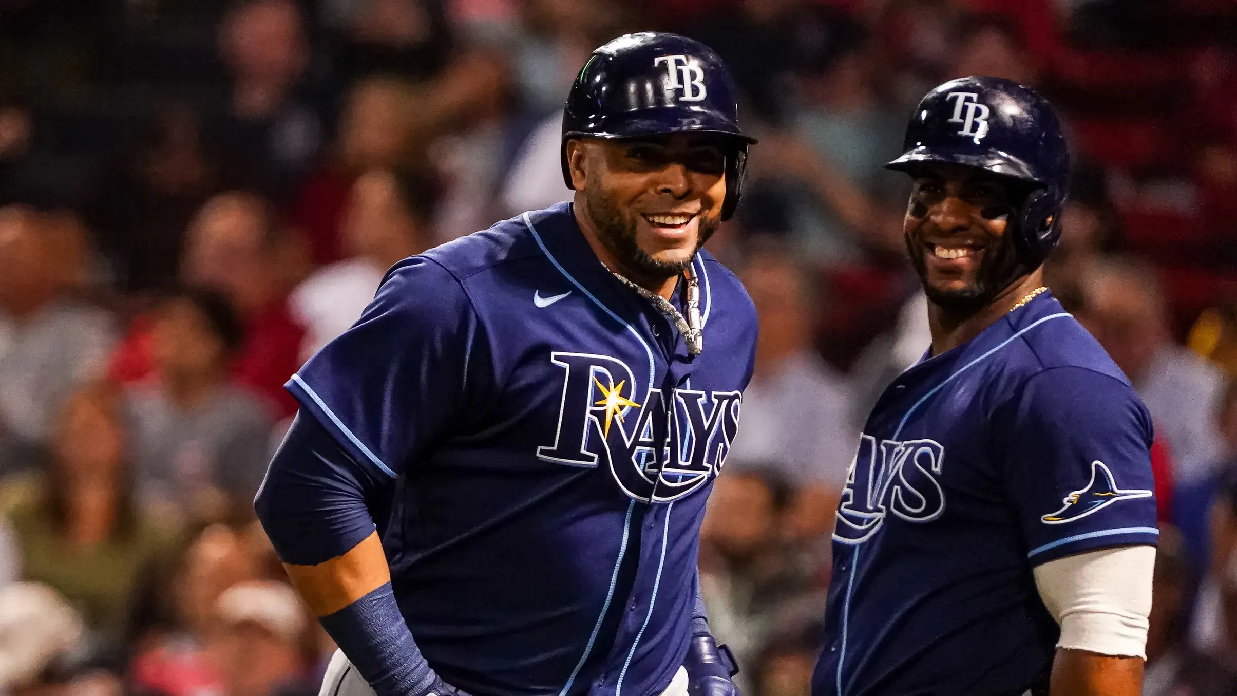 Sep 7, 2021; Boston, Massachusetts, USA; Tampa Bay Rays designated hitter Nelson Cruz (23) reacts after hitting a solo home run against the Boston Red Sox in the fifth inning at Fenway Park. / David Butler II-USA TODAY Sports