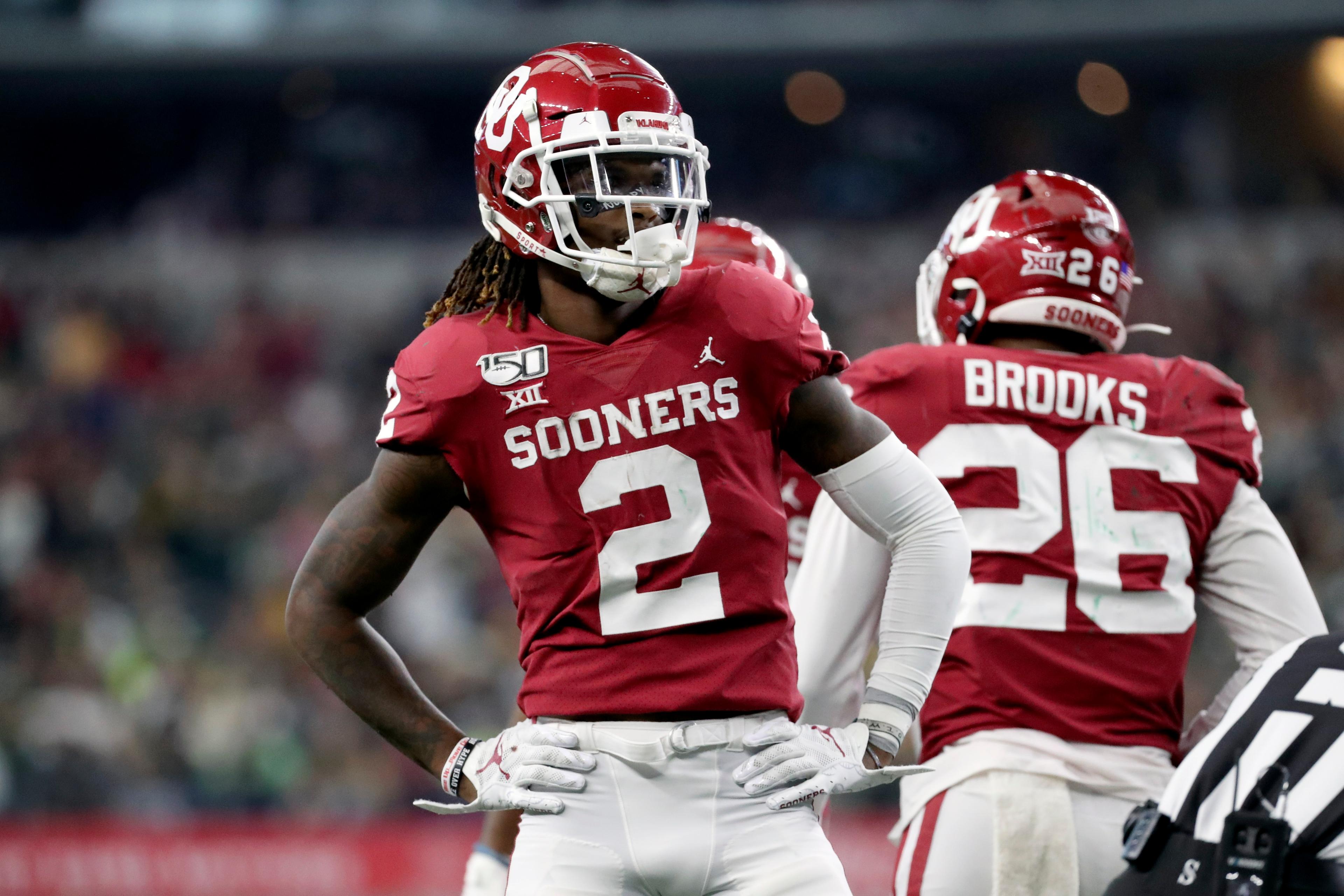 Dec 7, 2019; Arlington, TX, USA; Oklahoma Sooners wide receiver CeeDee Lamb (2) reacts during the second half against the Baylor Bears in the 2019 Big 12 Championship Game at AT&T Stadium. Mandatory Credit: Kevin Jairaj-USA TODAY Sports 