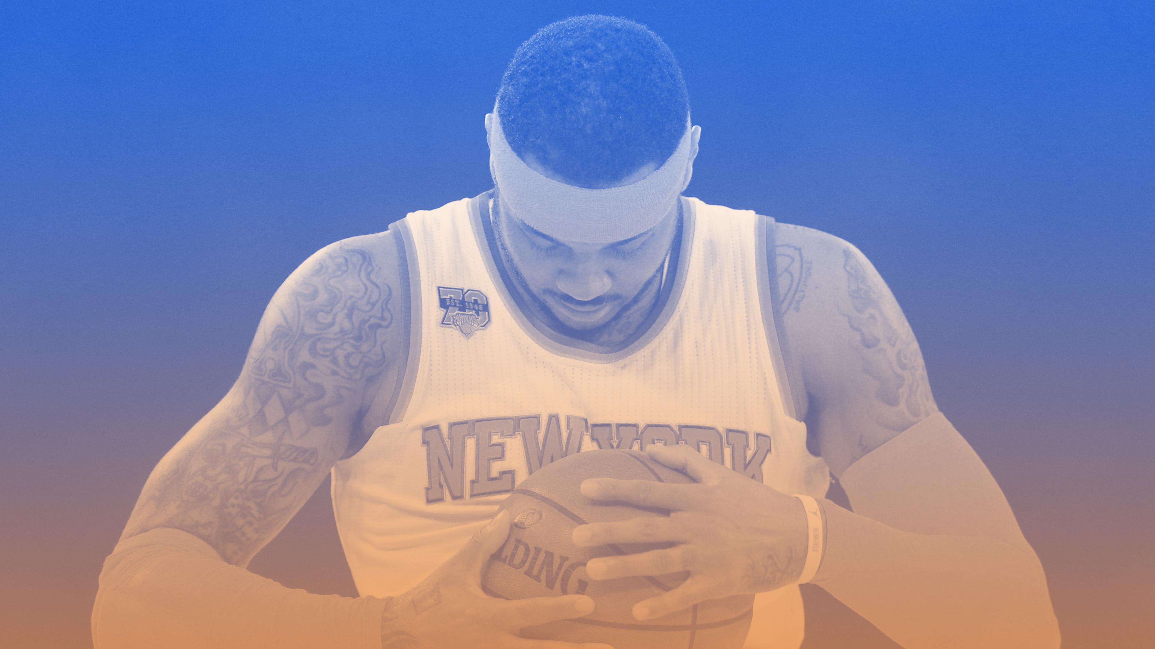 Apr 6, 2017; New York, NY, USA; New York Knicks small forward Carmelo Anthony (7) inspects the ball before a game against the Washington Wizards at Madison Square Garden. Mandatory Credit: Brad Penner-USA TODAY Sports