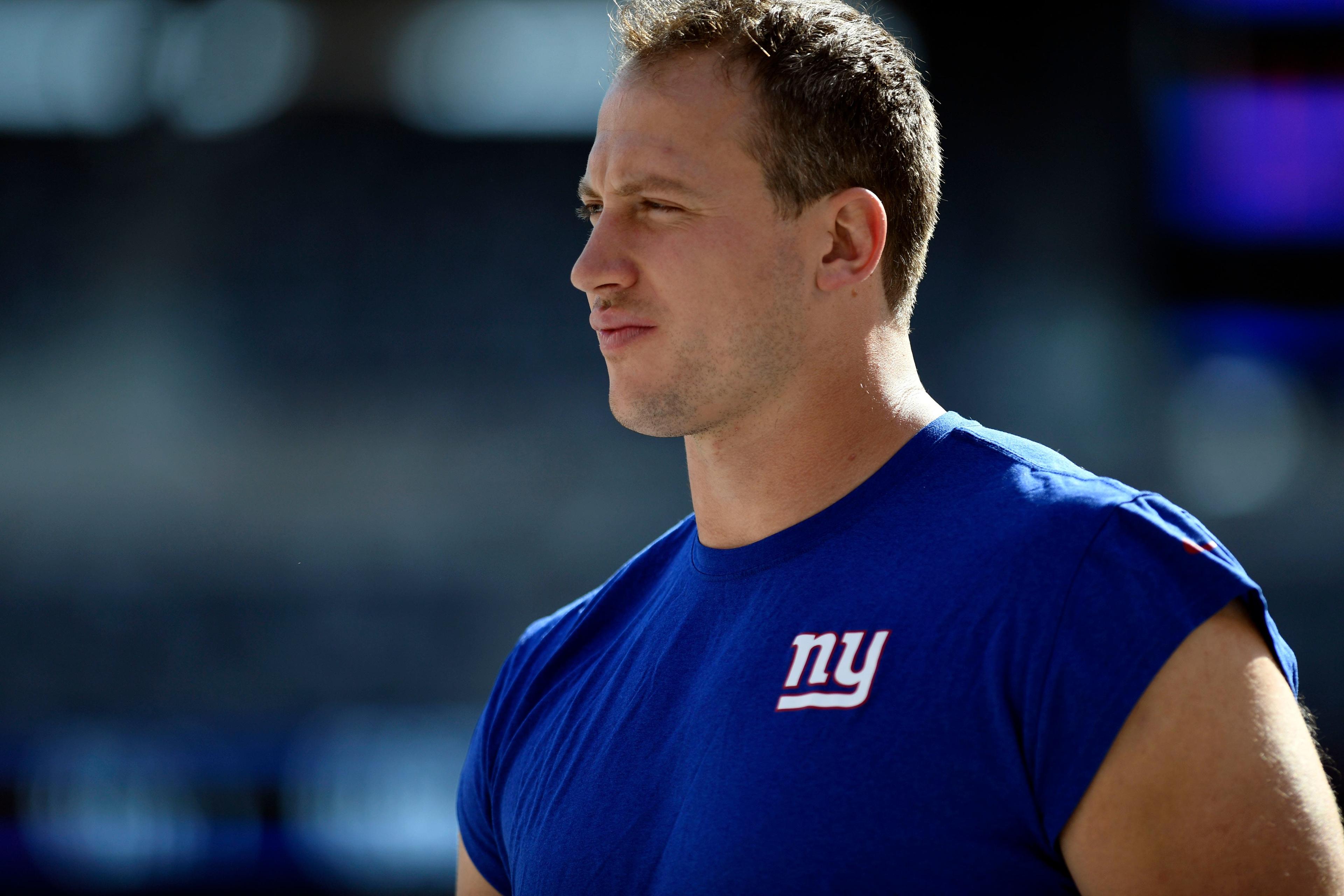 Sep 30, 2018; East Rutherford, NJ, USA; New York Giants offensive tackle Nate Solder on the field before facing the New Orleans Saints at MetLife Stadium. Mandatory Credit: Danielle Parhizkaran/NorthJersey.com via USA TODAY NETWORK / Danielle Parhizkaran