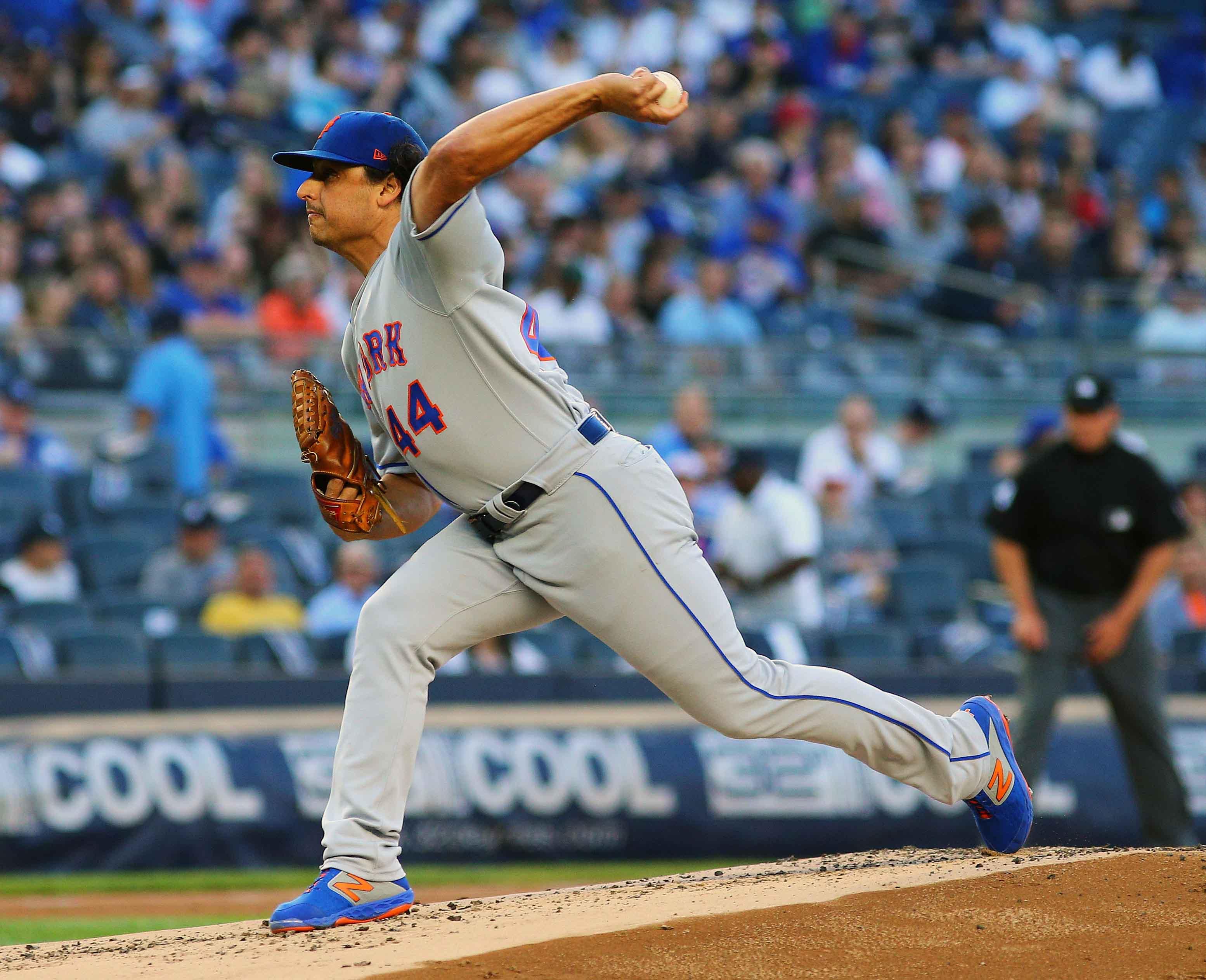 Jun 11, 2019; Bronx, NY, USA; New York Mets starting pitcher Jason Vargas (44) pitches against the New York Yankees during the first inning of game two of a doubleheader at Yankee Stadium. Mandatory Credit: Andy Marlin-USA TODAY Sports