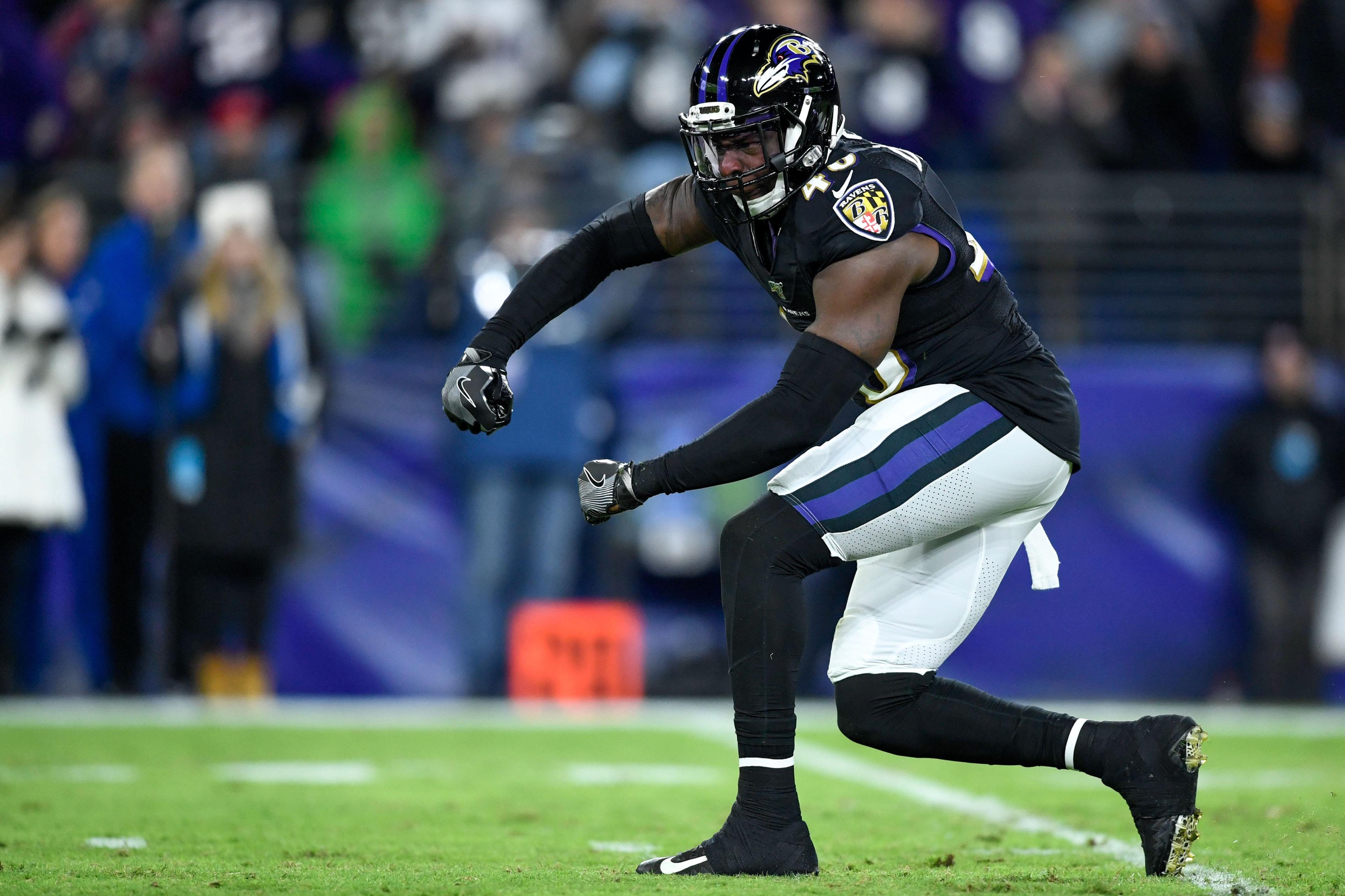 Nov 3, 2019; Baltimore, MD, USA; Baltimore Ravens inside linebacker Patrick Onwuasor (48) reacts during the first quarter against the New England Patriots at M&T Bank Stadium. Mandatory Credit: Douglas DeFelice-USA TODAY Sports / Douglas DeFelice