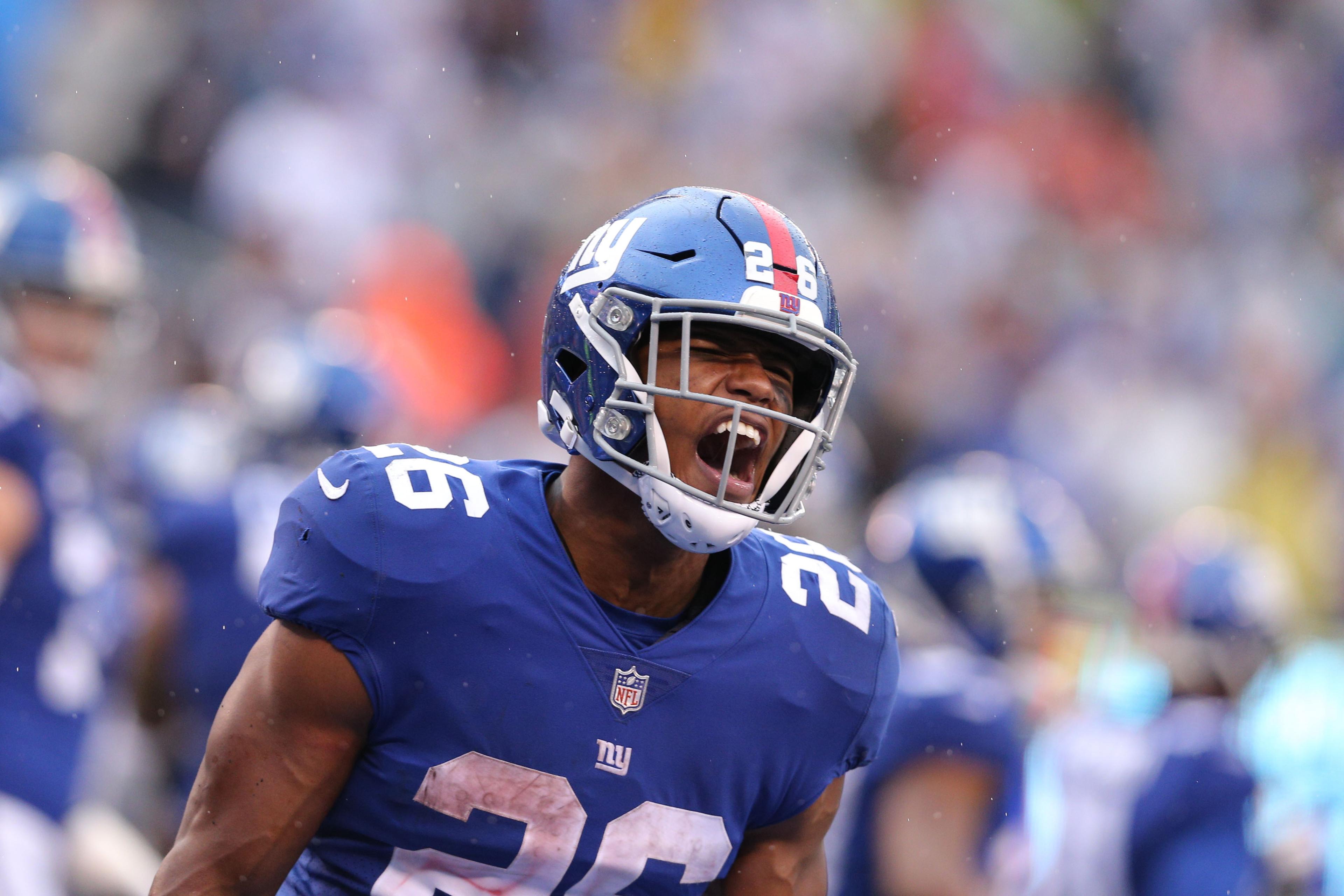 Sep 9, 2018; East Rutherford, NJ, USA; New York Giants running back Saquon Barkley (26) celebrates his touchdown against the Jacksonville Jaguars during the fourth quarter at MetLife Stadium. The touchdown was the first of his NFL career. Mandatory Credit: Brad Penner-USA TODAY Sports