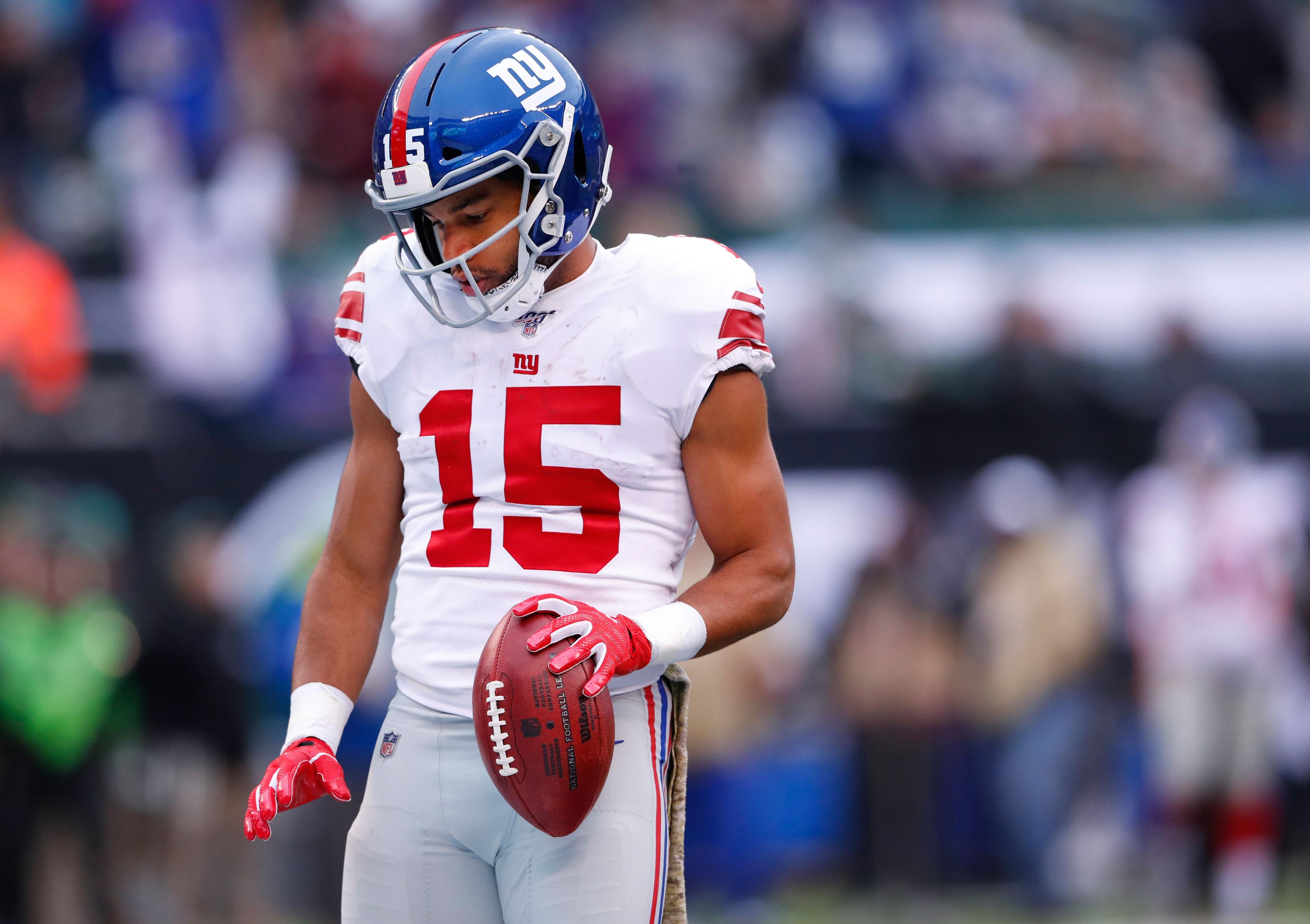 Nov 10, 2019; East Rutherford, NJ, USA; New York Giants wide receiver Golden Tate (15) reacts after scoring a touchdown against the New York Jets during the second half at MetLife Stadium. Mandatory Credit: Noah K. Murray-USA TODAY Sports / Noah K. Murray