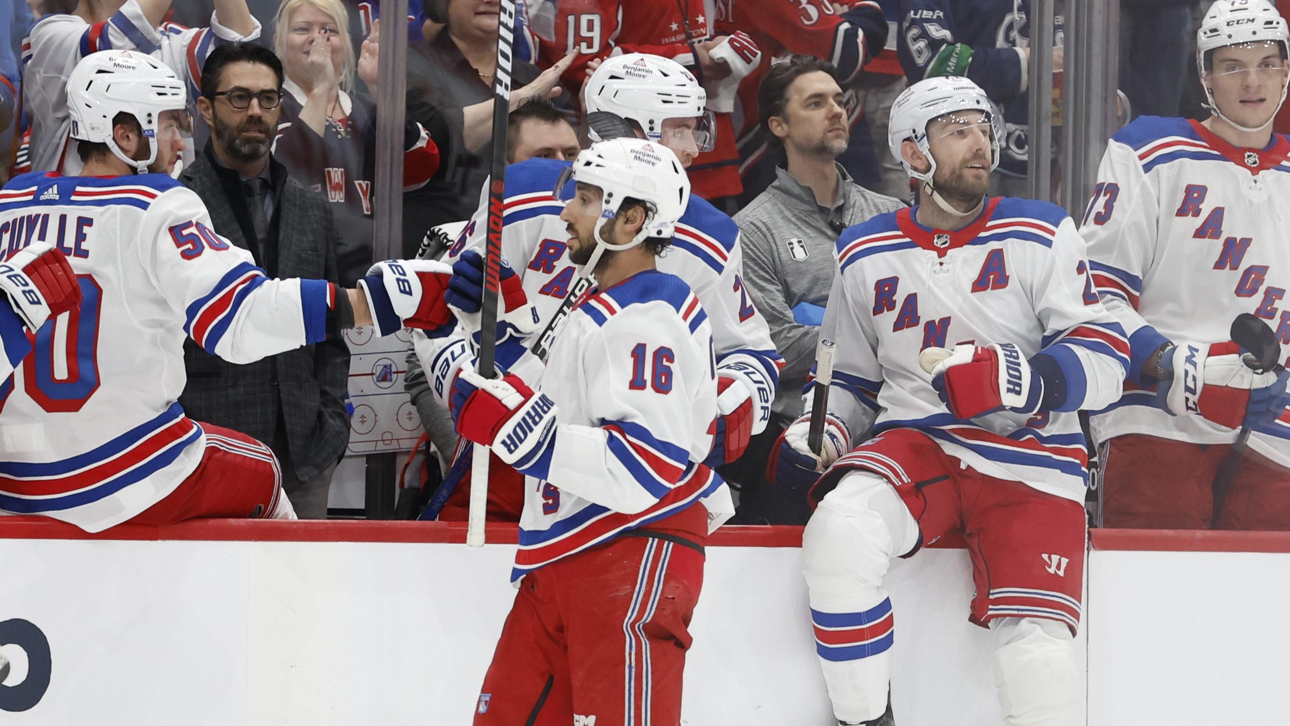 Apr 28, 2024; Washington, District of Columbia, USA; New York Rangers center Vincent Trocheck (16) celebrates with teammates after scoring a goal against the Washington Capitals in the first period in game four of the first round of the 2024 Stanley Cup Playoffs at Capital One Arena. Mandatory Credit: Geoff Burke-USA TODAY Sports / © Geoff Burke-USA TODAY Sports