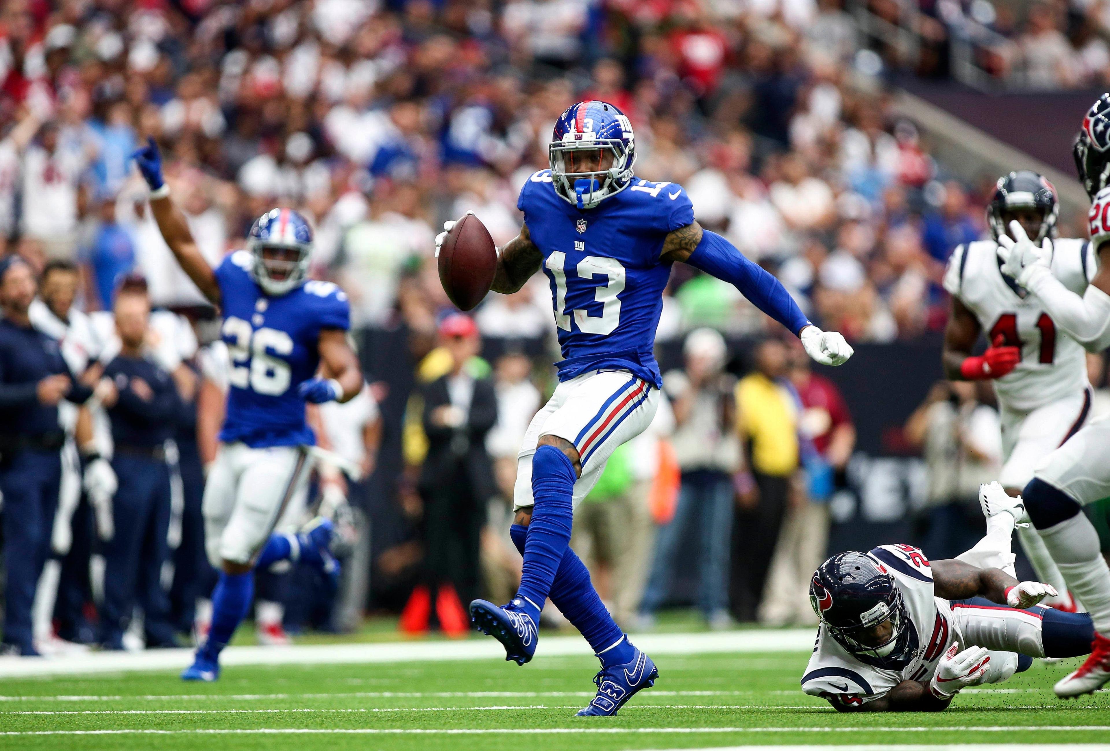 Sep 23, 2018; Houston, TX, USA; New York Giants wide receiver Odell Beckham (13) makes a reception during the second quarter against the Houston Texans at NRG Stadium. Mandatory Credit: Troy Taormina-USA TODAY Sports / Troy Taormina