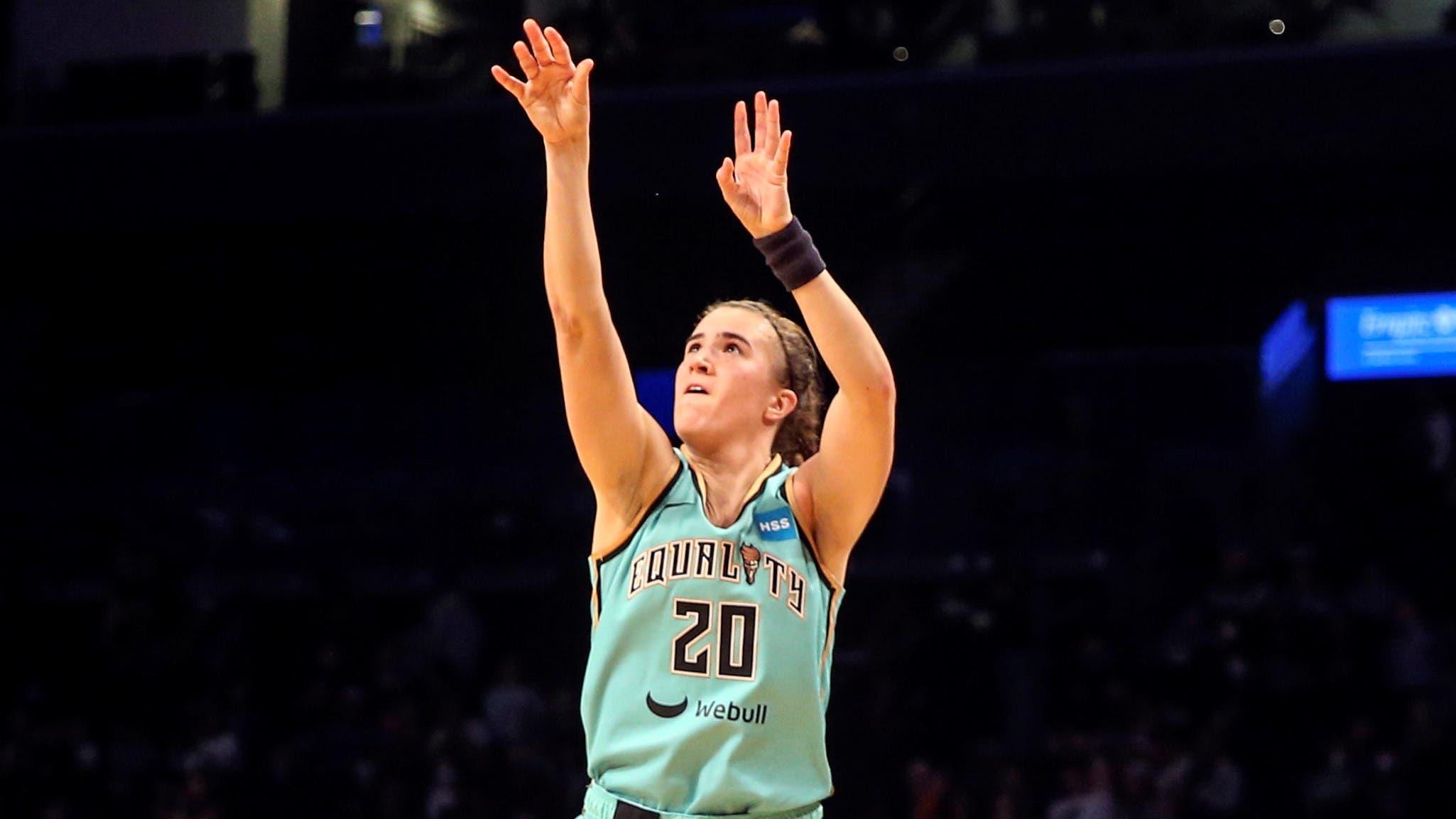 Jun 1, 2022; Brooklyn, New York, USA; New York Liberty guard Sabrina Ionescu (20) takes a three point shot in the third quarter against the Indiana Fever at Barclays Center. Mandatory Credit: Wendell Cruz-USA TODAY Sports / Wendell Cruz-USA TODAY Sports