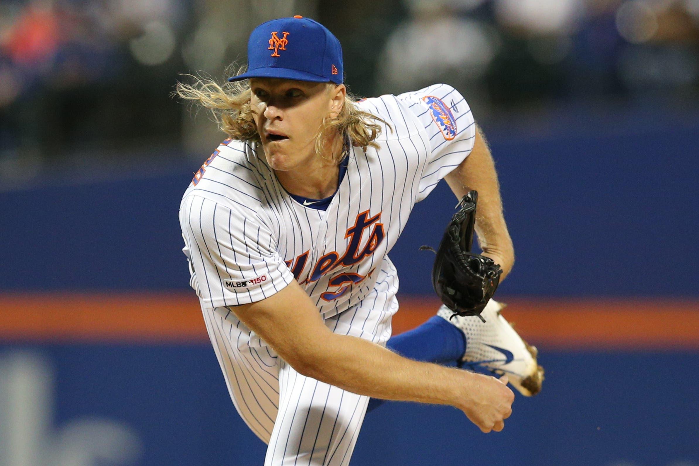 Sep 13, 2019; New York City, NY, USA; New York Mets starting pitcher Noah Syndergaard (34) pitches against the Los Angeles Dodgers during the first inning at Citi Field. Mandatory Credit: Brad Penner-USA TODAY Sportsundefined