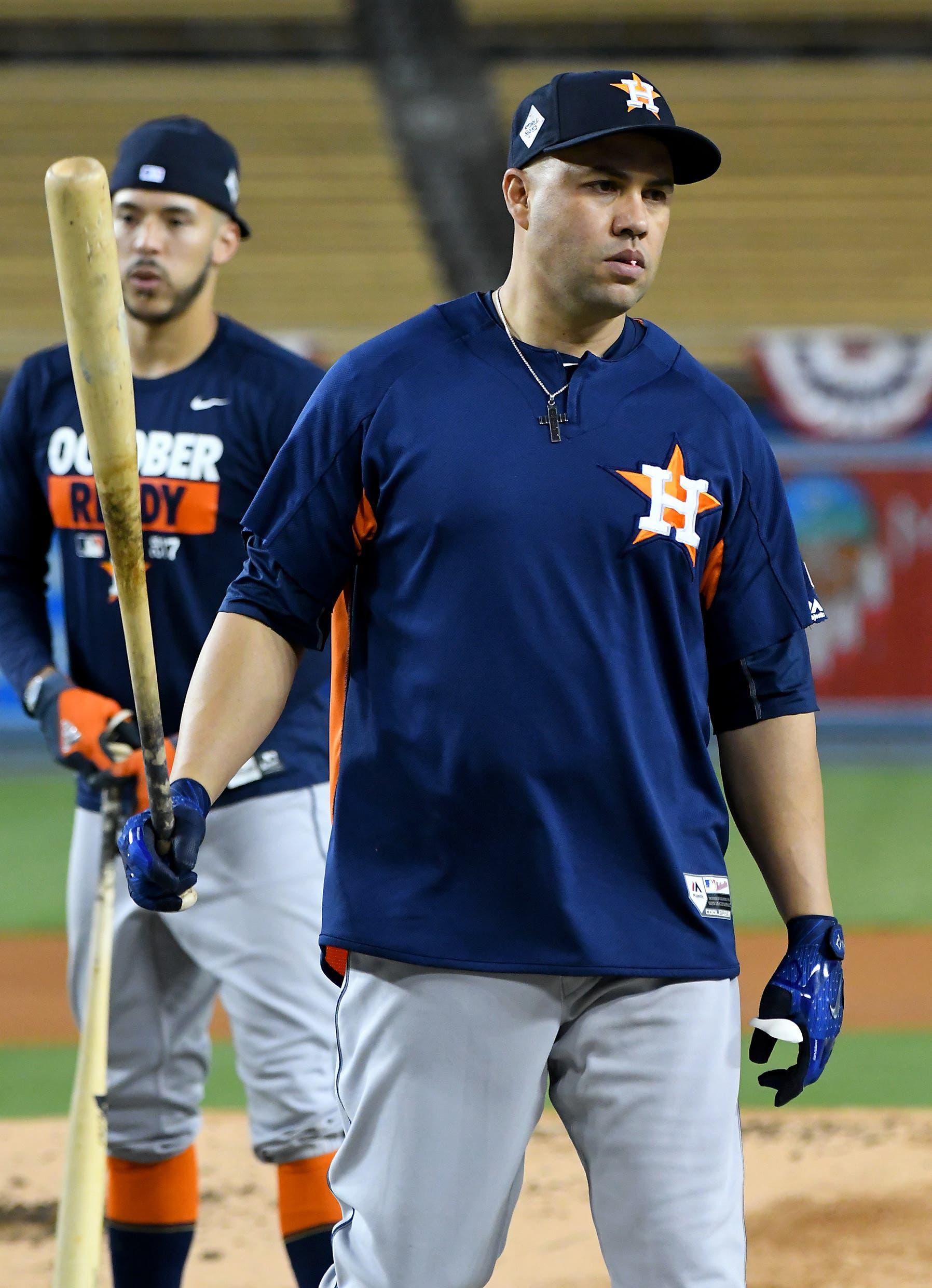 Oct 23, 2017; Los Angeles, CA, USA; Houston Astros designated hitter Carlos Beltran (15) takes batting practice one day prior to game one of the World Series against the Los Angeles Dodgers at Dodger Stadium. Mandatory Credit: Jayne Kamin-Oncea-USA TODAY Sports / Jayne Kamin-Oncea