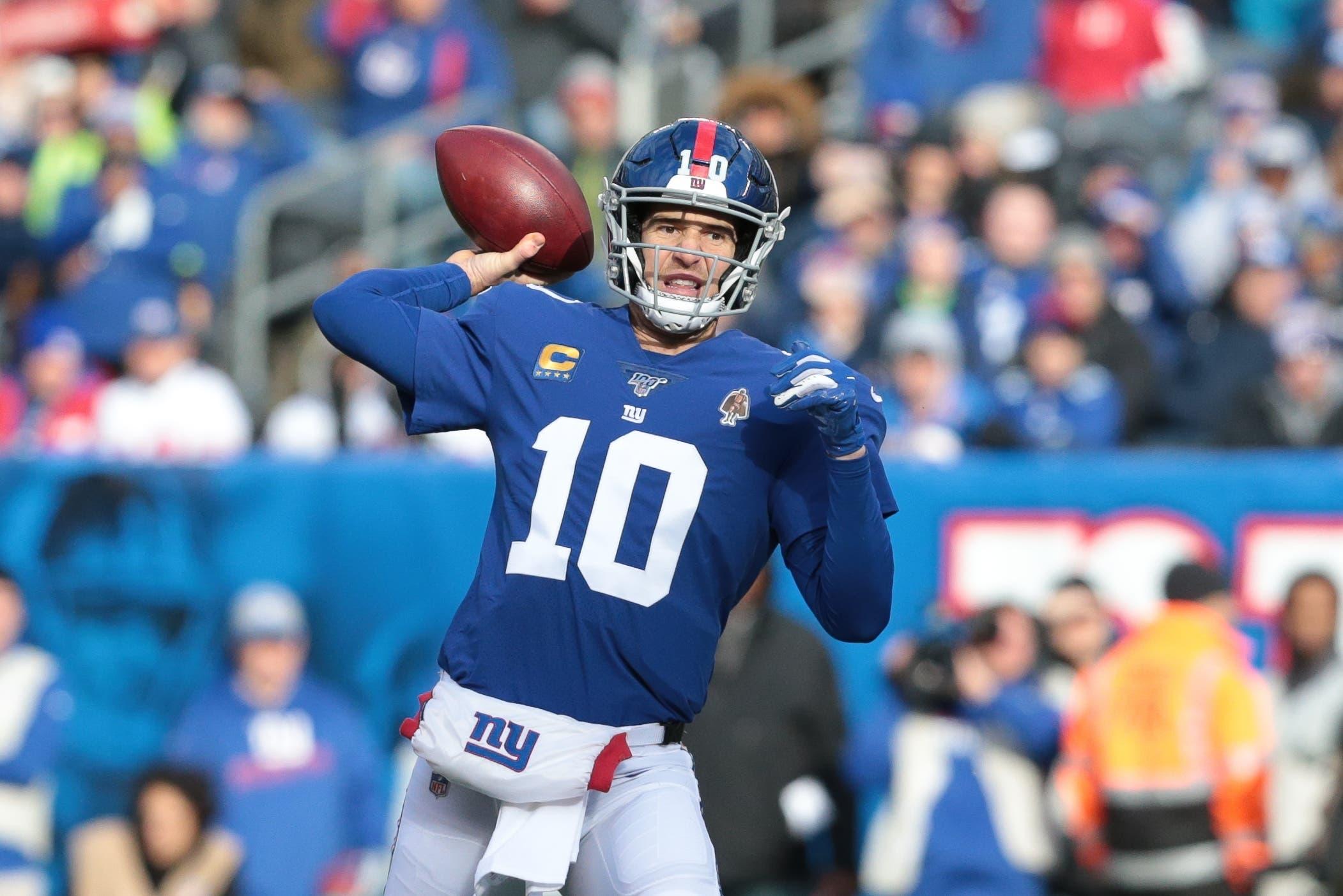 Dec 15, 2019; East Rutherford, NJ, USA; New York Giants quarterback Eli Manning (10) drops back to pass during the first quarter against the Miami Dolphins at MetLife Stadium. Mandatory Credit: Vincent Carchietta-USA TODAY Sports / Vincent Carchietta