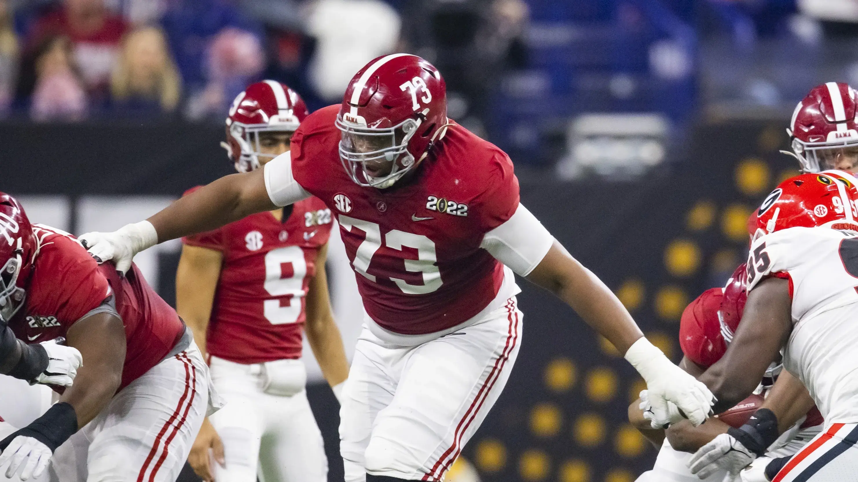 Jan 10, 2022; Indianapolis, IN, USA; Alabama Crimson Tide offensive lineman Evan Neal (73) against the Georgia Bulldogs in the 2022 CFP college football national championship game at Lucas Oil Stadium. Mandatory Credit: Mark J. Rebilas-USA TODAY Sports / © Mark J. Rebilas-USA TODAY Sports