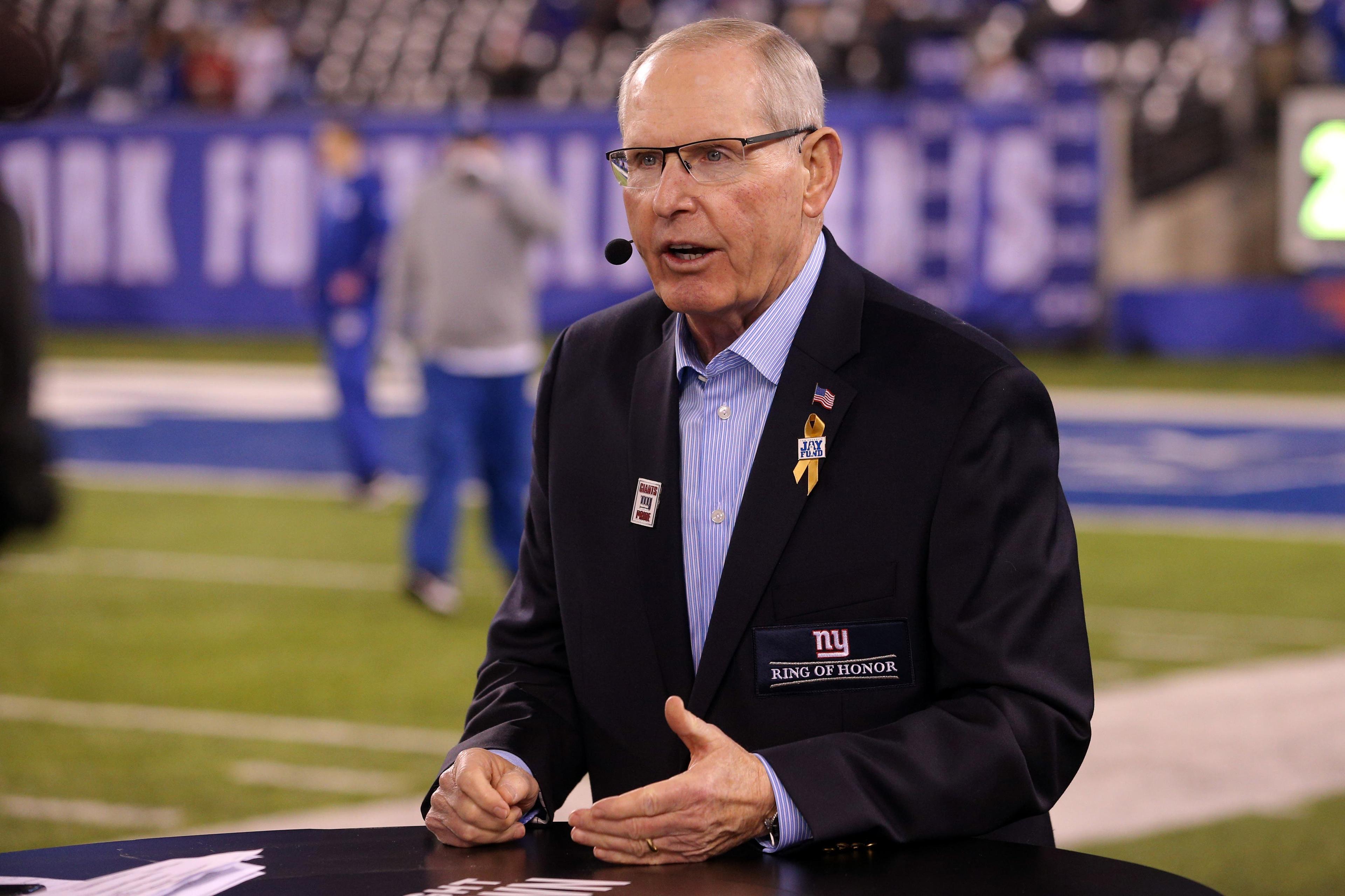 New York Giants former head coach Tom Coughlin is interviewed before a game between the New York Giants and the Cincinnati Bengals at MetLife Stadium. / Brad Penner